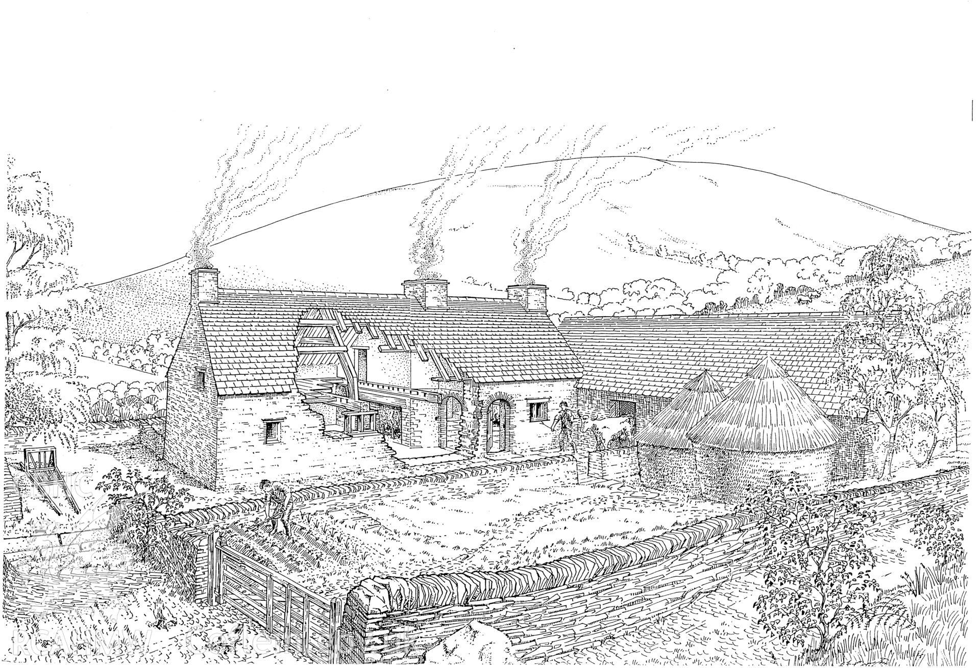 Argoed Farmstead, Glynncorrwg; copy of a perspective reconstruction drawing produced by Geoff Ward, c.1988