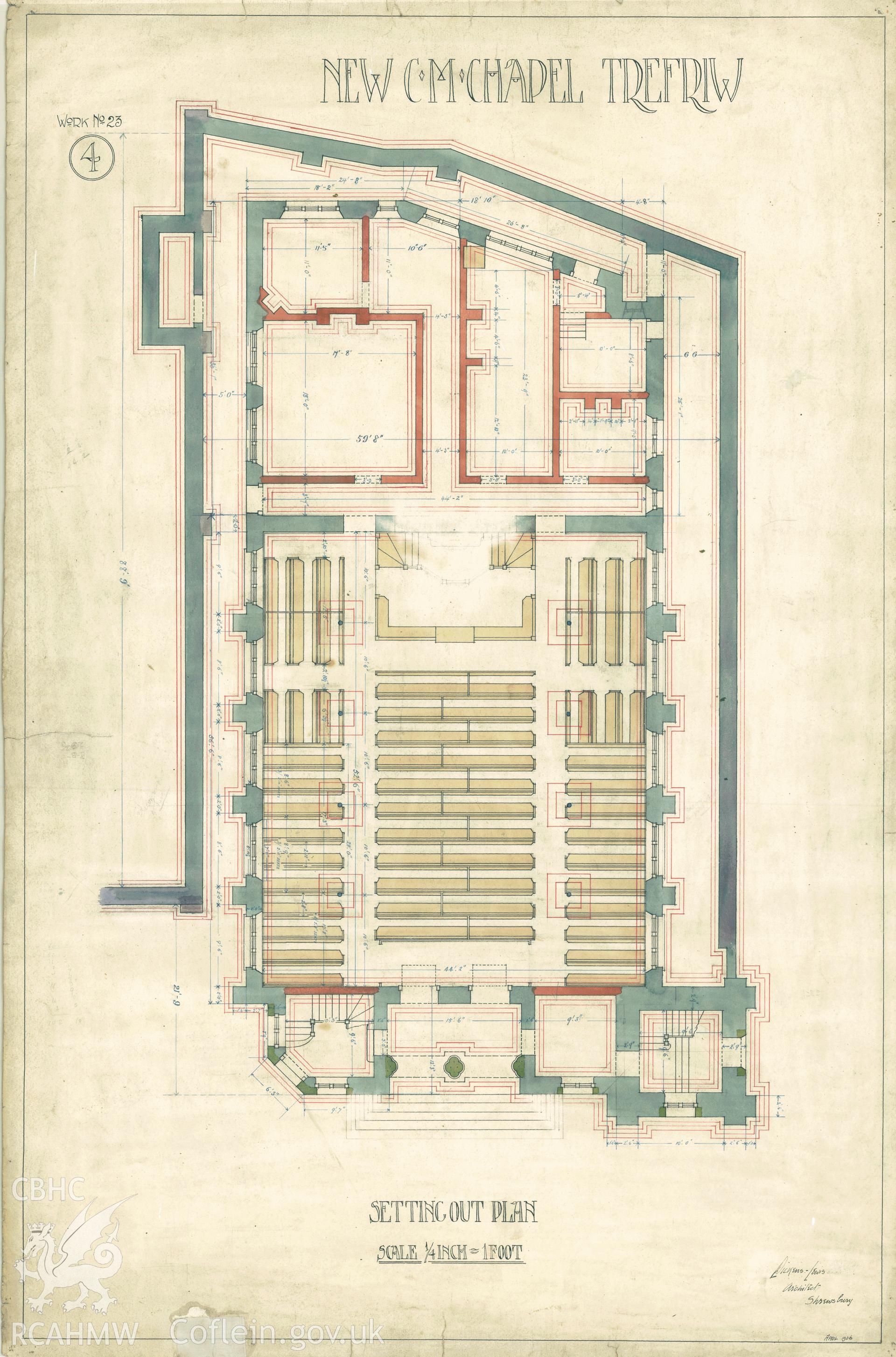 Digitized copy of a 1906 coloured drawing showing setting out plan of Peniel Chapel, Trefriw produced by G. Dickens-Lewis, architect of Shrewsbury.
