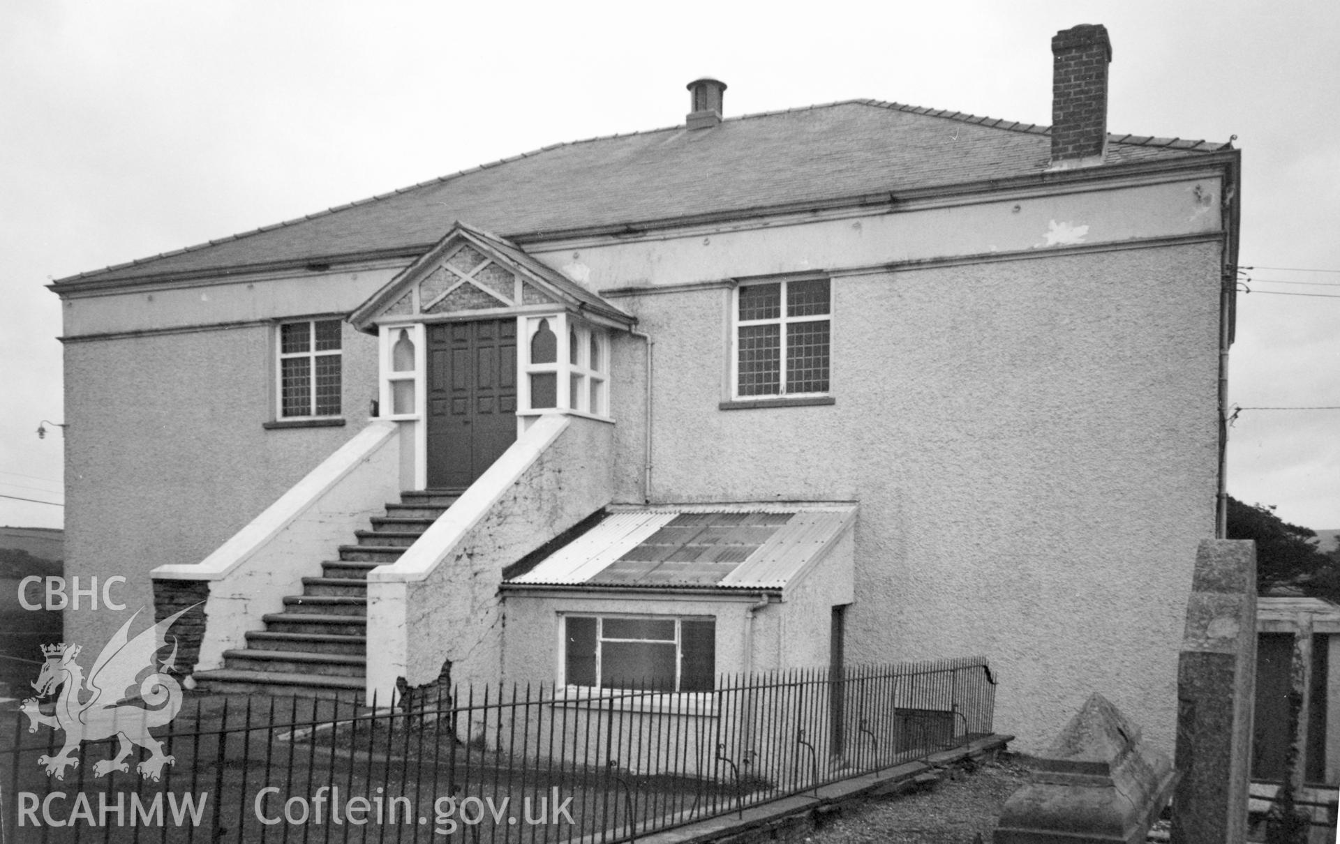 Digital copy of a black and white photograph showing an exterior view of Henllan Amgoed Congregational  Chapel,  taken by Robert Scourfield, c.1996.