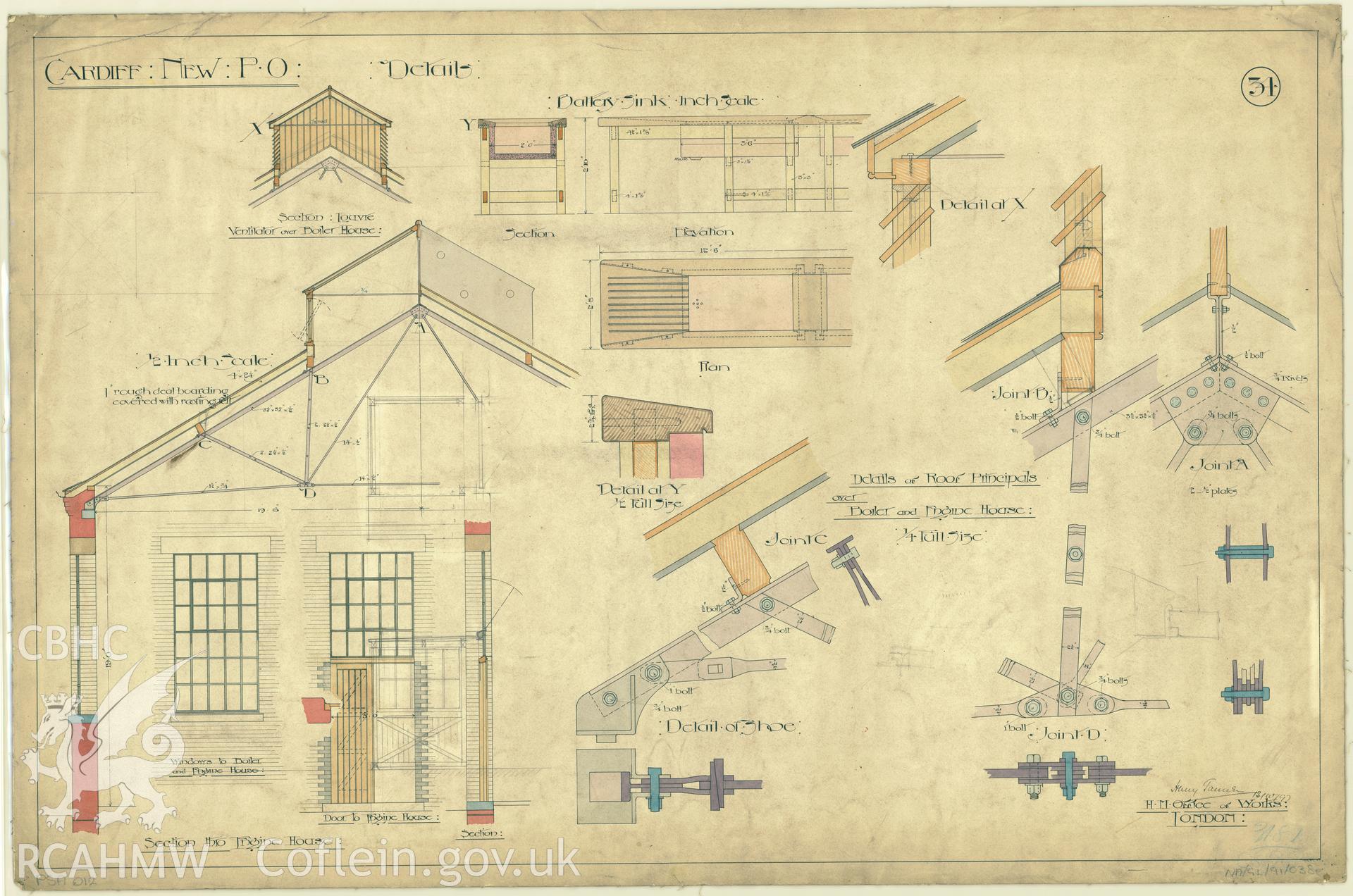 Cardiff Head Post Office, Westgate Street; original ink on fabric drawing produced by Henry Tanner of H.M. Office of Works, showing various detail at Cardiff New P.O., dated October 1893.