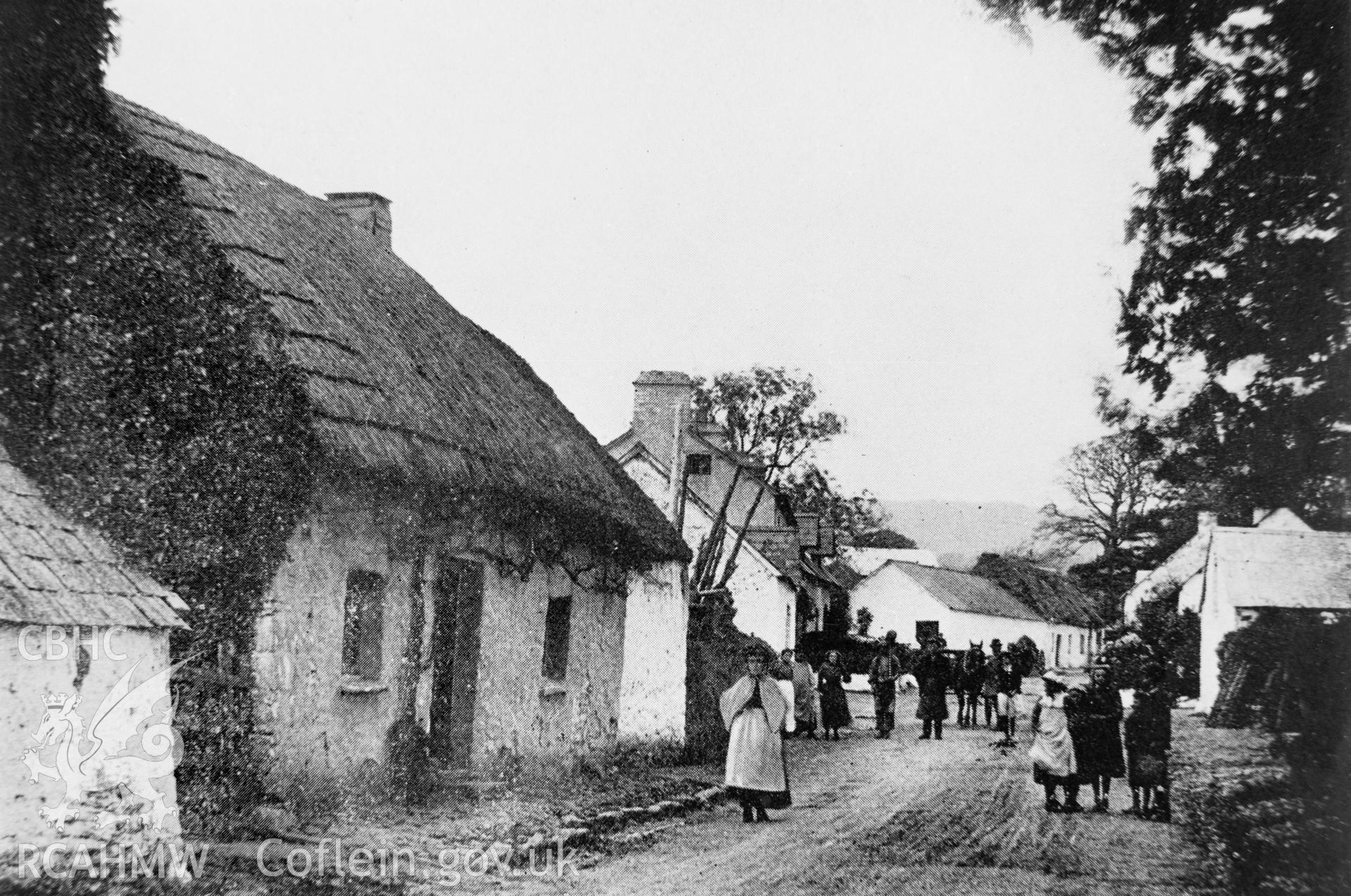Copy of black and white image of Talsarn Village, Nantcwmlle, copied from early photograph showing cottages and figures, loaned by David Williams.