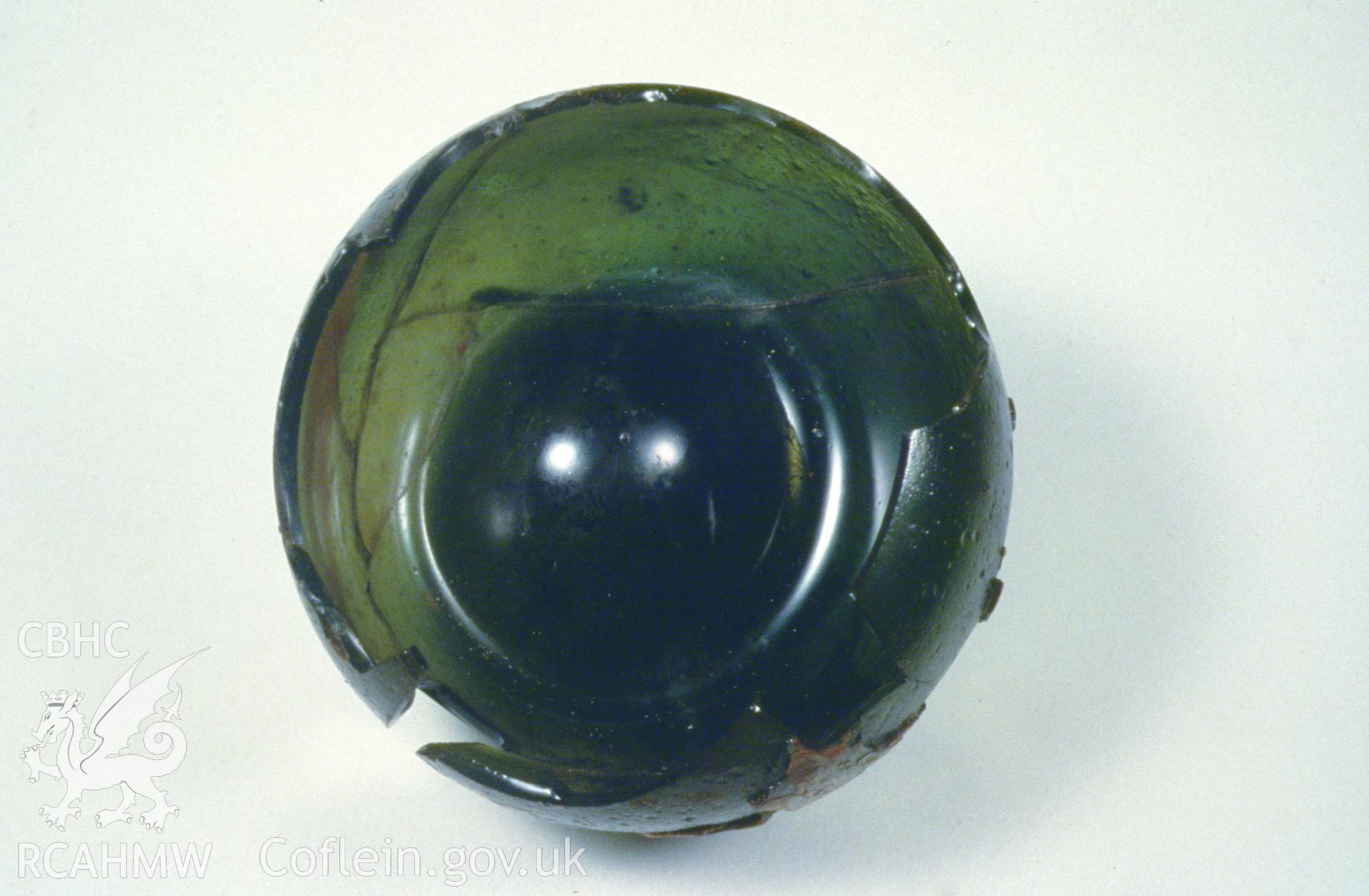 Colour slide showing find from site, glass vessel, from a survey of the Mary designated shipwreck, courtesy of National Museums, Liverpool (Merseyside Maritime Museum)