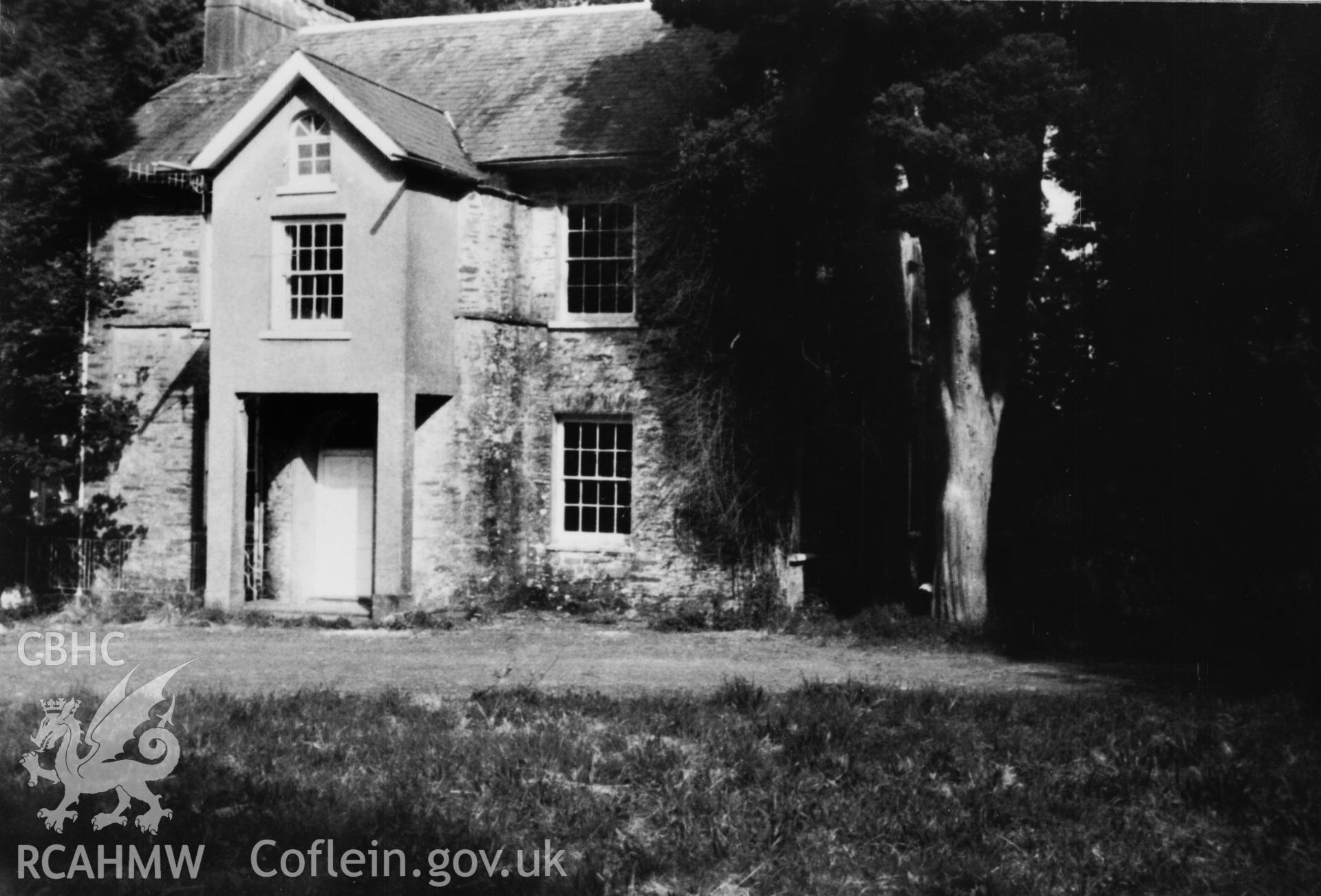 Copy of black and white image of Blaendolau Hall, New Inn, copied from photograph taken from sale catalogue showing exterior, loaned by Thomas Lloyd.