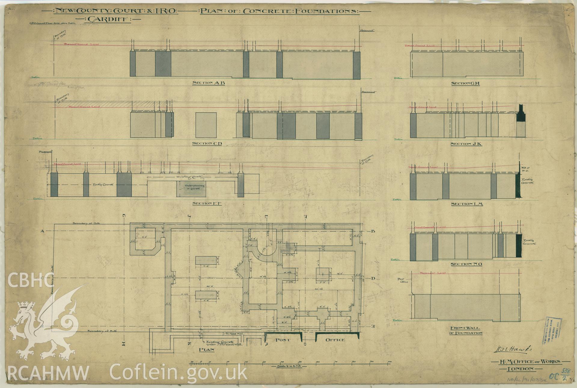 Cardiff Inland Revenue and County Court Offices; measured drawing showing plan of concrete foundations, produced by H.M. Office of Works,  undated.