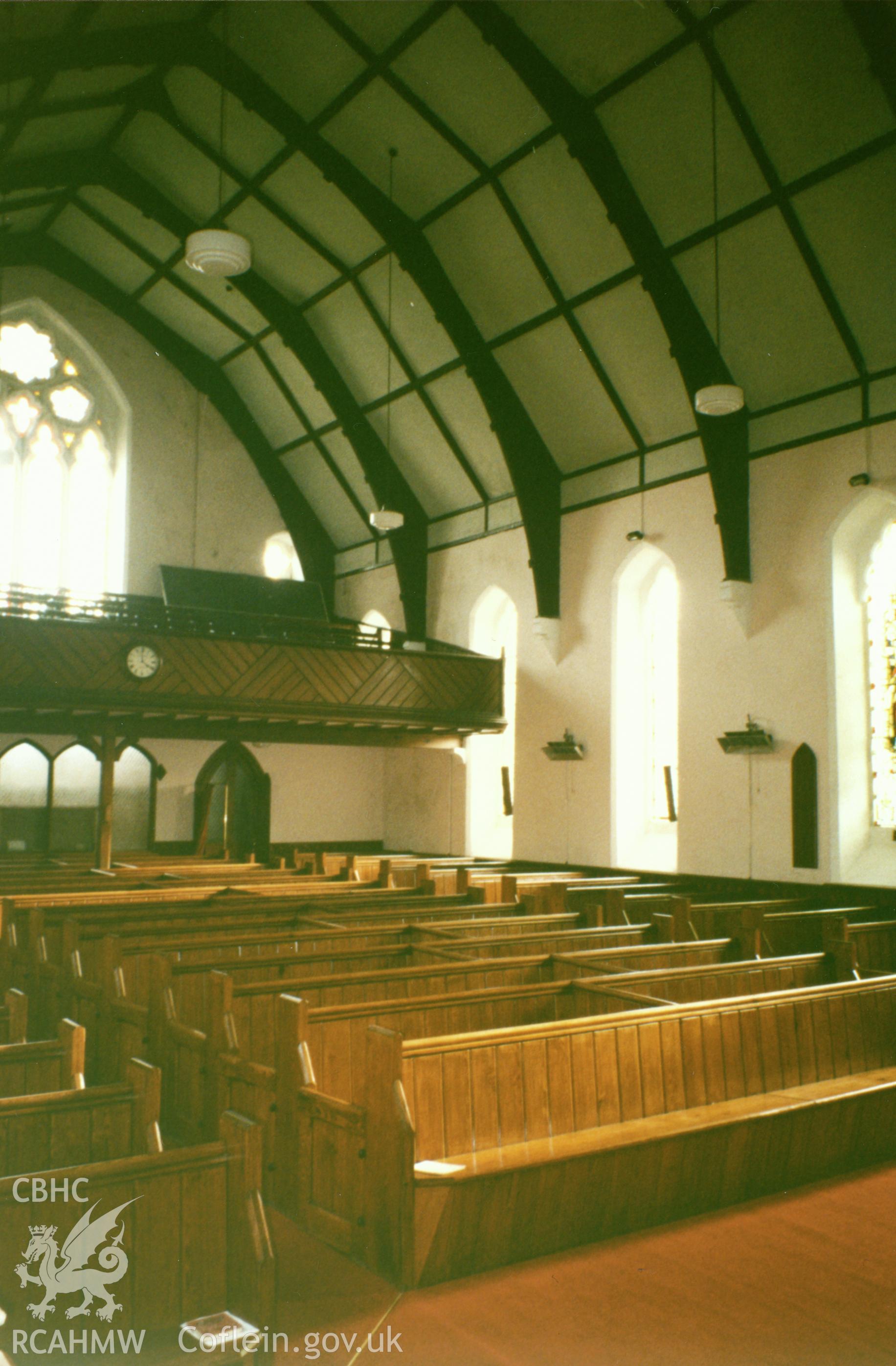 Digital copy of a colour photograph showing an interior view of the English Congregational Church, Carmarthen, taken by Robert Scourfield, undated.