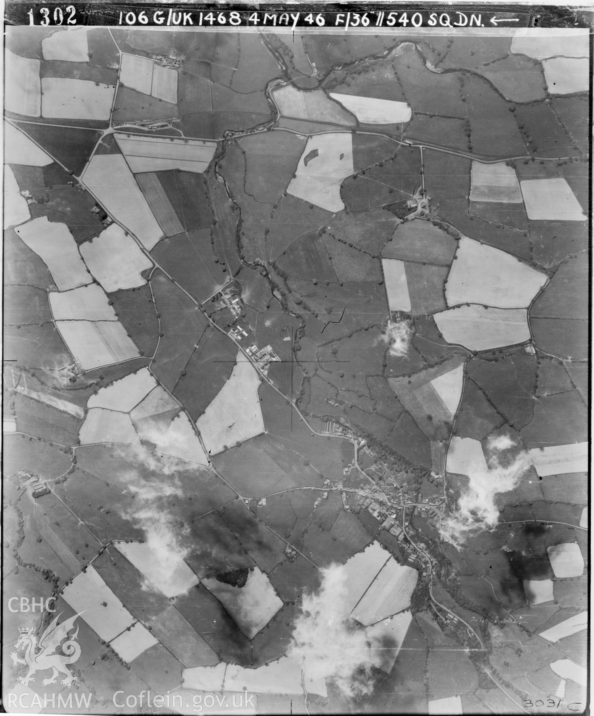 Black and white vertical aerial photograph taken by the RAF on 04/05/1946 centred on SJ12752565 at a scale of 1:10000. The photograph includes part of Llanrhaeadr-ym-mochnant community in Powys.