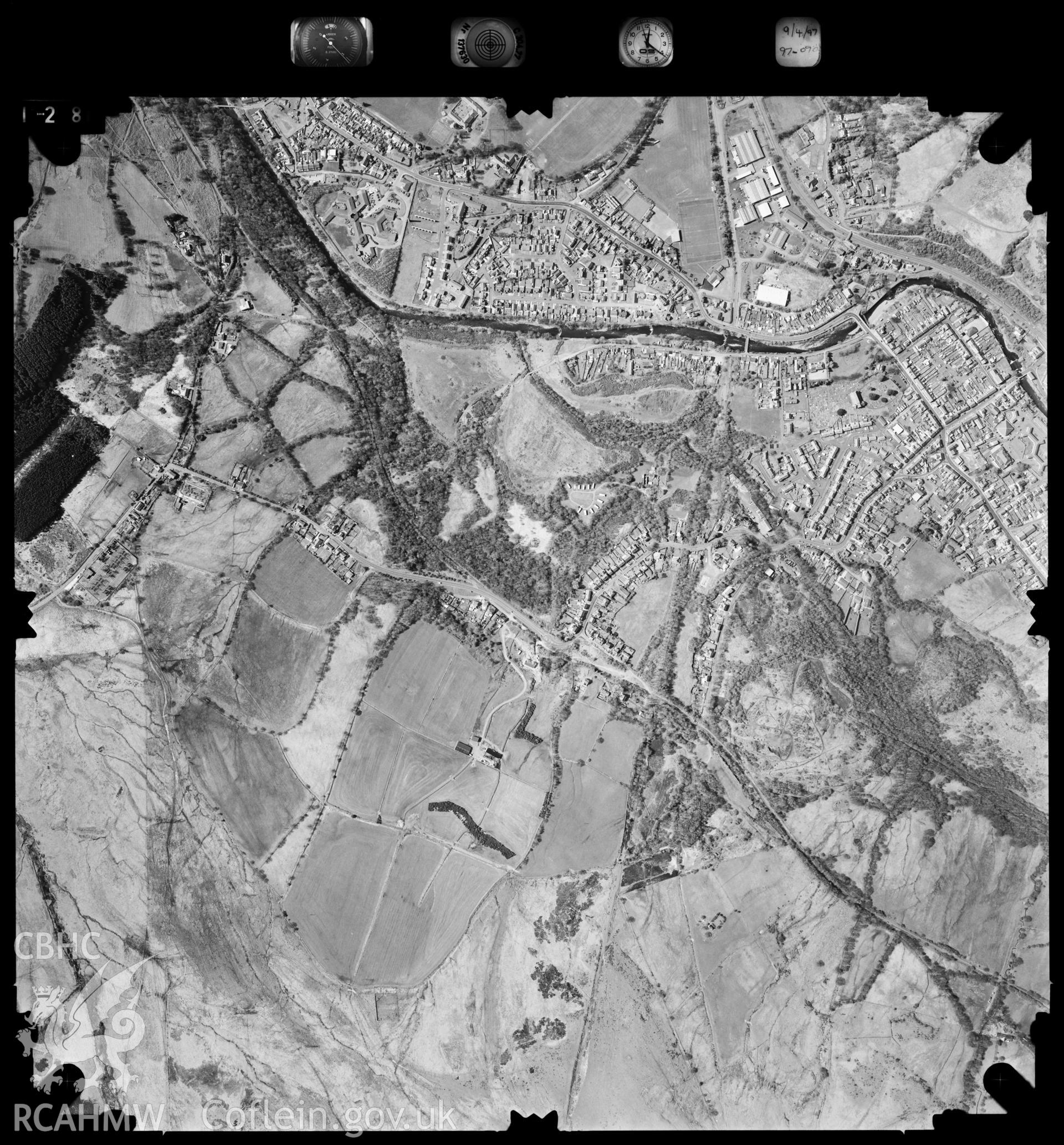 Digitized copy of an aerial photograph showing the Ystradgynlais area, taken by Ordnance Survey, 1997.