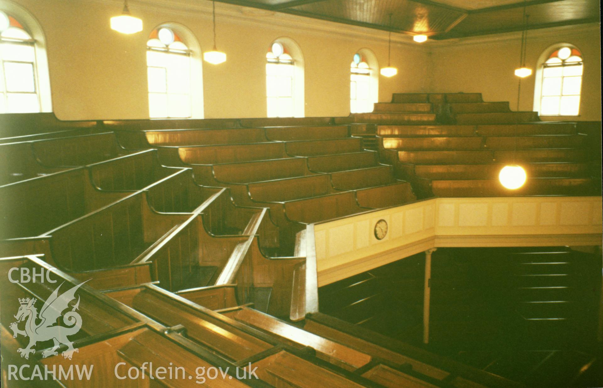 Digital copy of a colour photograph showing an interior view of the Capel Heol-y-dwr, Carmarthen, taken by Robert Scourfield, c.1996.