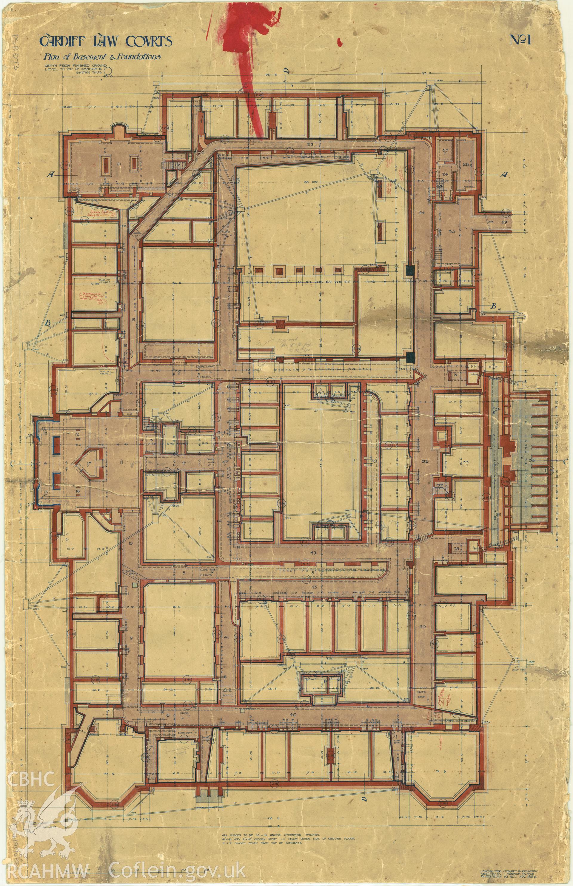 Law Court, Cathays Park, Cardiff; measured drawing showing plan of basement and foundations, produced by Lanchester Stewart and Rickards, 1899.