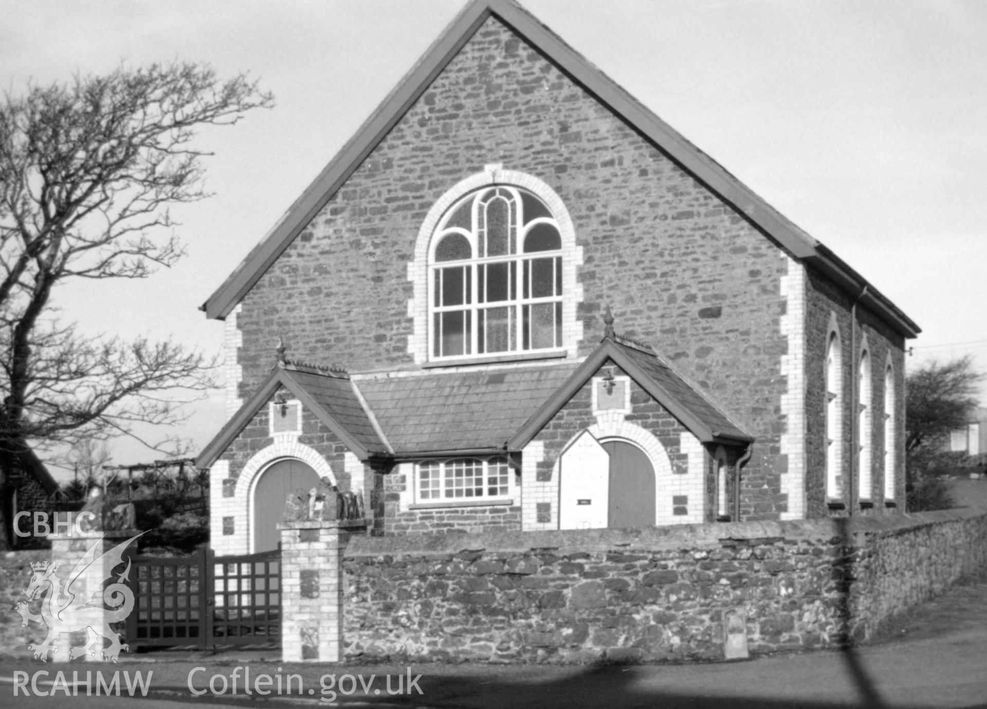 Digital copy of a black and white photograph showing an exterior view of Moriah English Baptist Church, Marloes, taken by Robert Scourfield, c.1996.