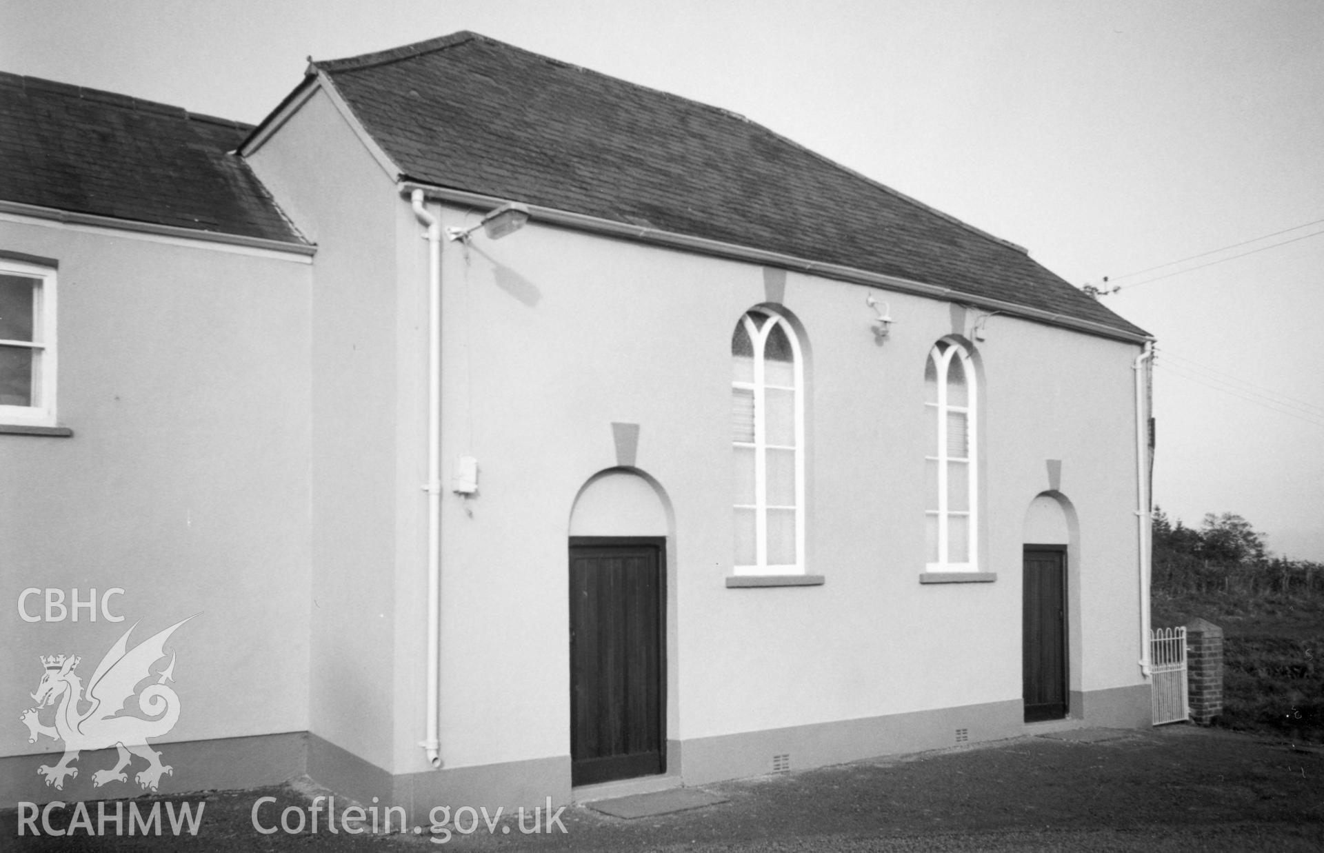 Digital copy of a black and white photograph showing an exterior view of College Welsh Calvinistic Methodist Chapel,  Llangathen, taken by Robert Scourfield, c.1996.