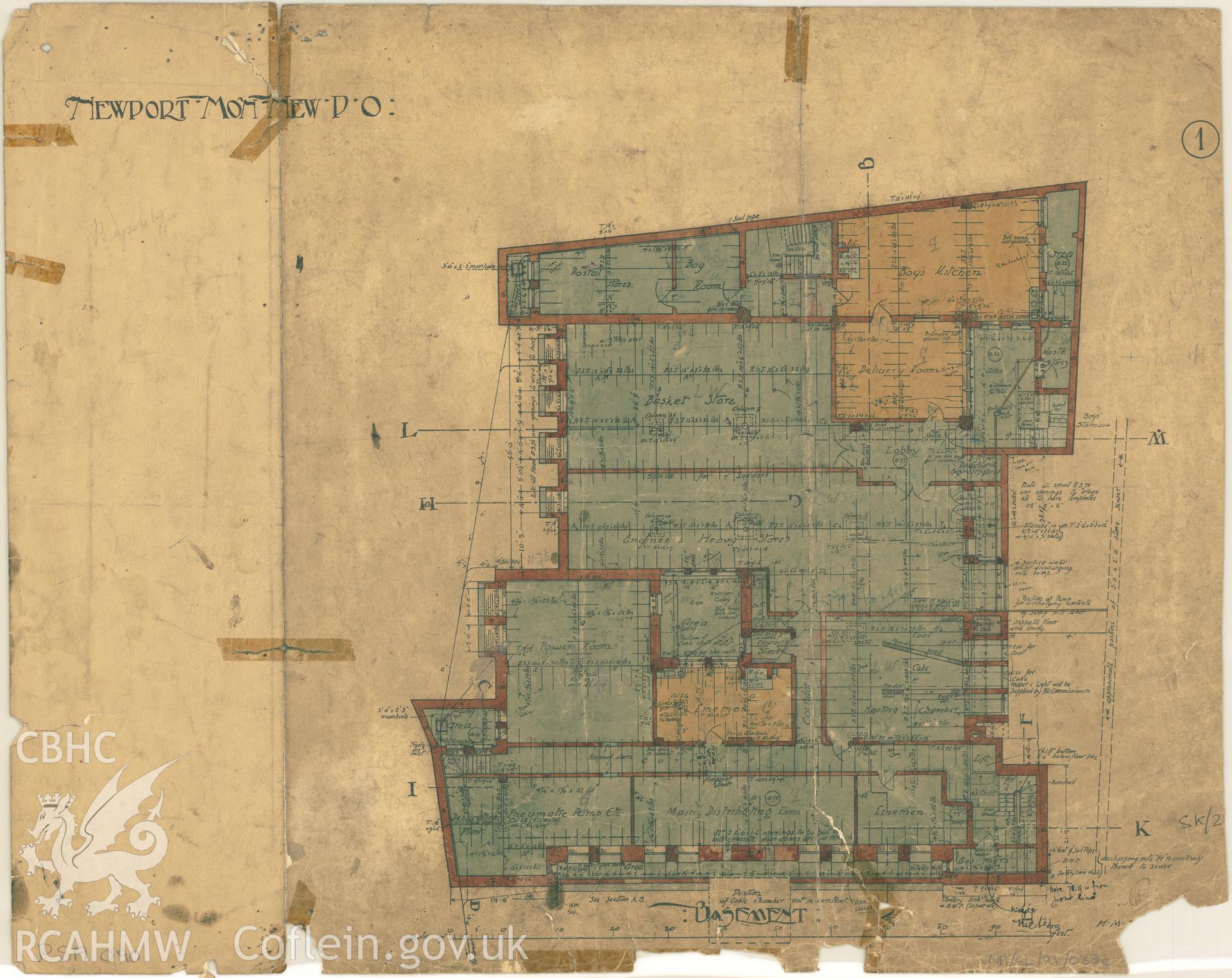 Head Post Office, High Street, Newport;  measured drawing showing basement plan produced by H.M. Office of Works, 1905.