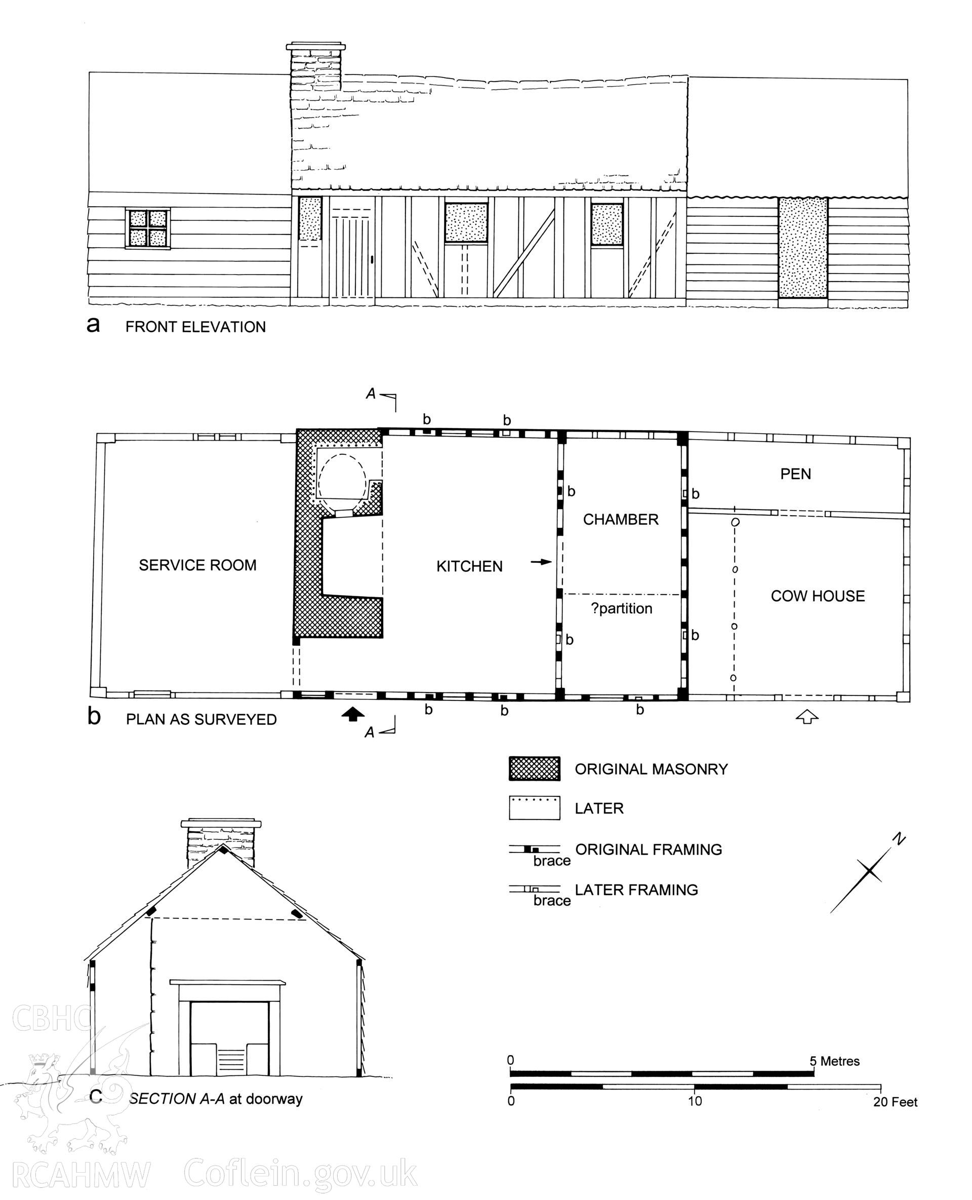 Thimble Cottage,  Llanyre; measured drawing comprising plan, elevation and section view produced by C.W. Green, RCAHMW, 2008.