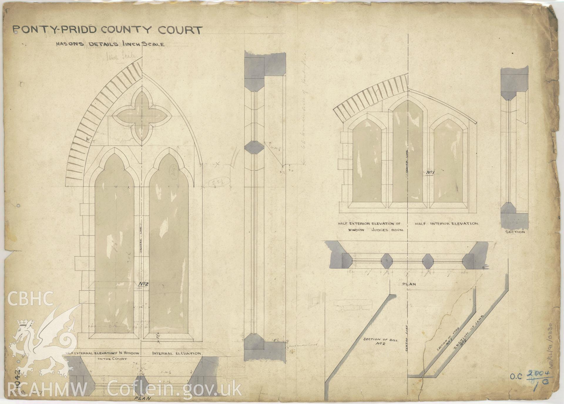 Court House, Pontypridd;  measured drawing showing detail of masonry work, produced by Charles Reeves for H.M. Office of Works, 1857.