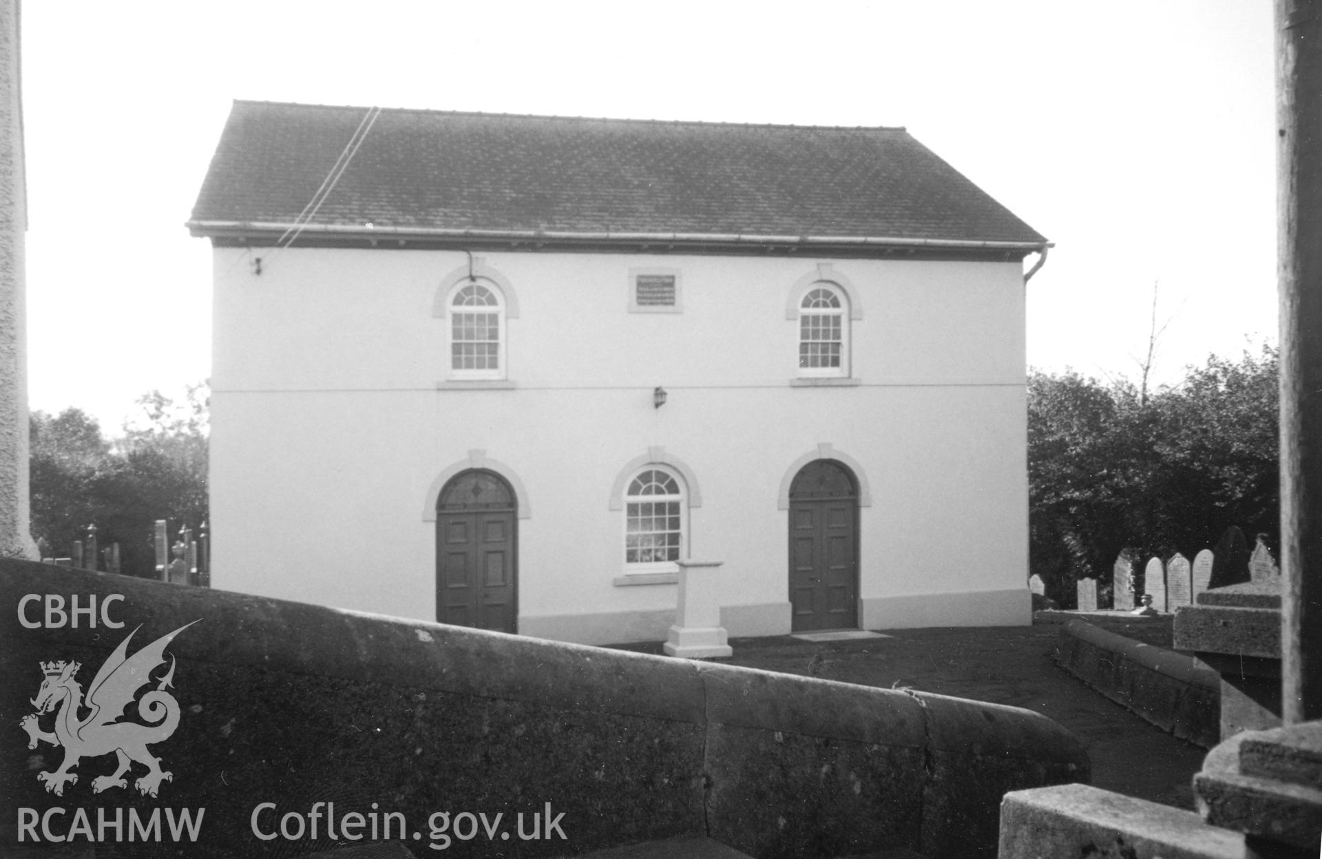 Digital copy of a black and white photograph showing an exterior view of Phildelffia Welsh Independent Chapel, Nantycaws, taken by Robert Scourfield, c.1996.