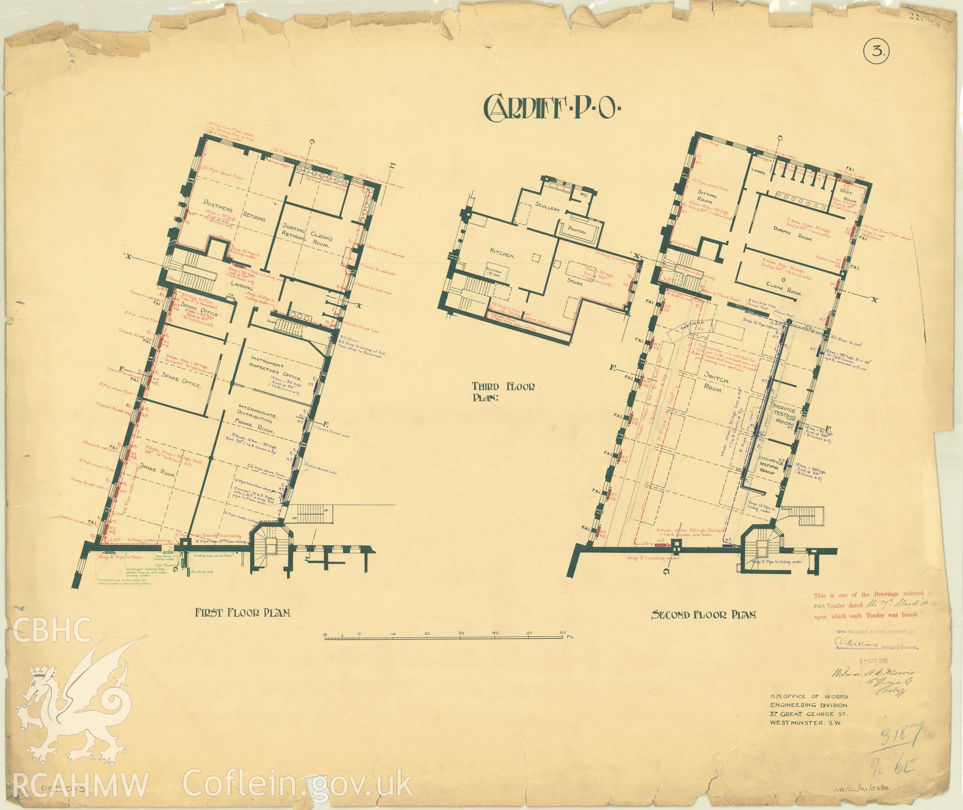 Cardiff Head Post Office, Westgate Street; measured drawings comprising first floor, second floor and third floor plans produced by H.M. Office of Works,  dated 1908.