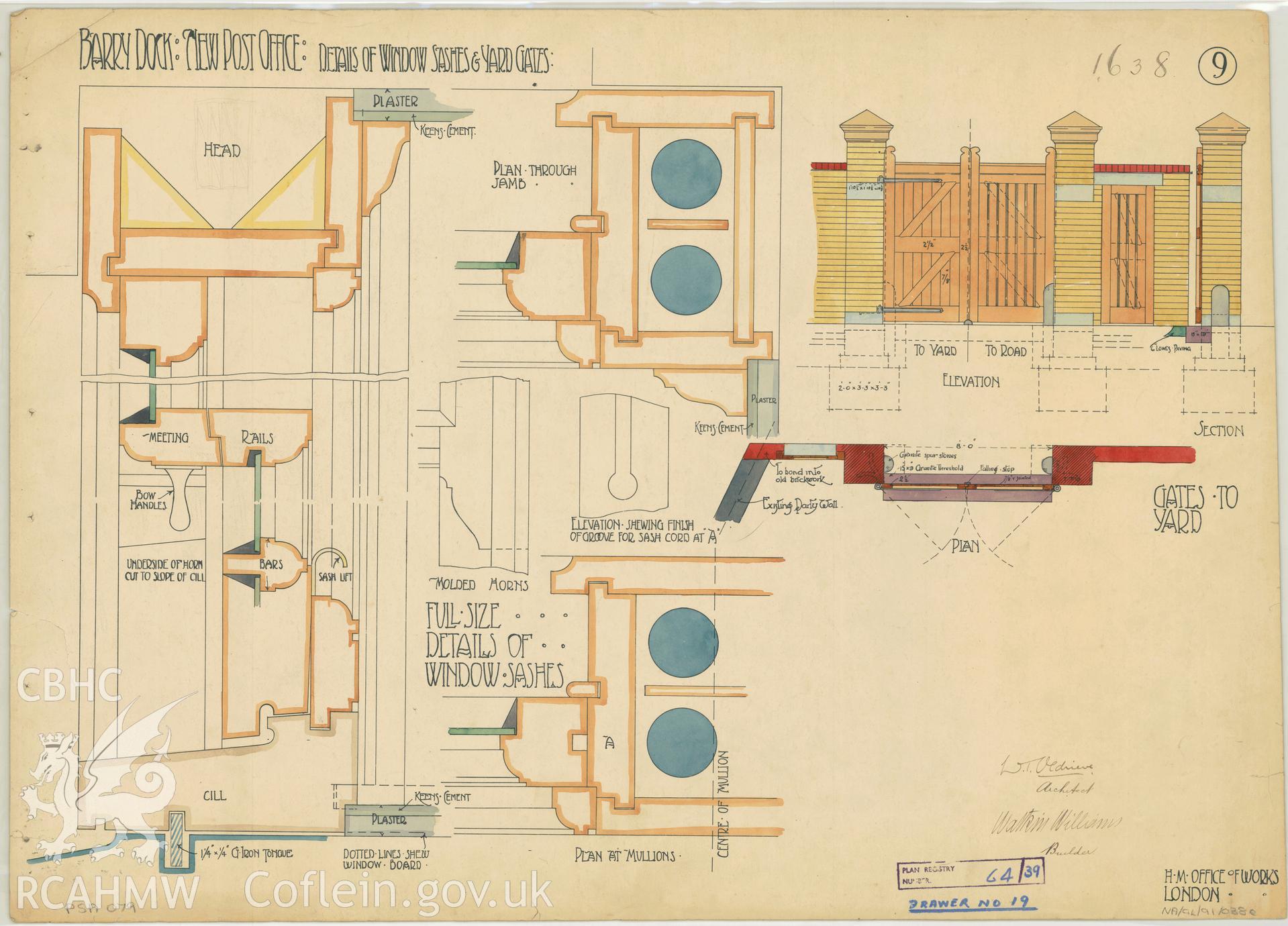 Post Office, Thompson Street, Barry Dock;  measured drawing showing detail of window sashes and yard gates, produced by HM. Office of Works, undated.