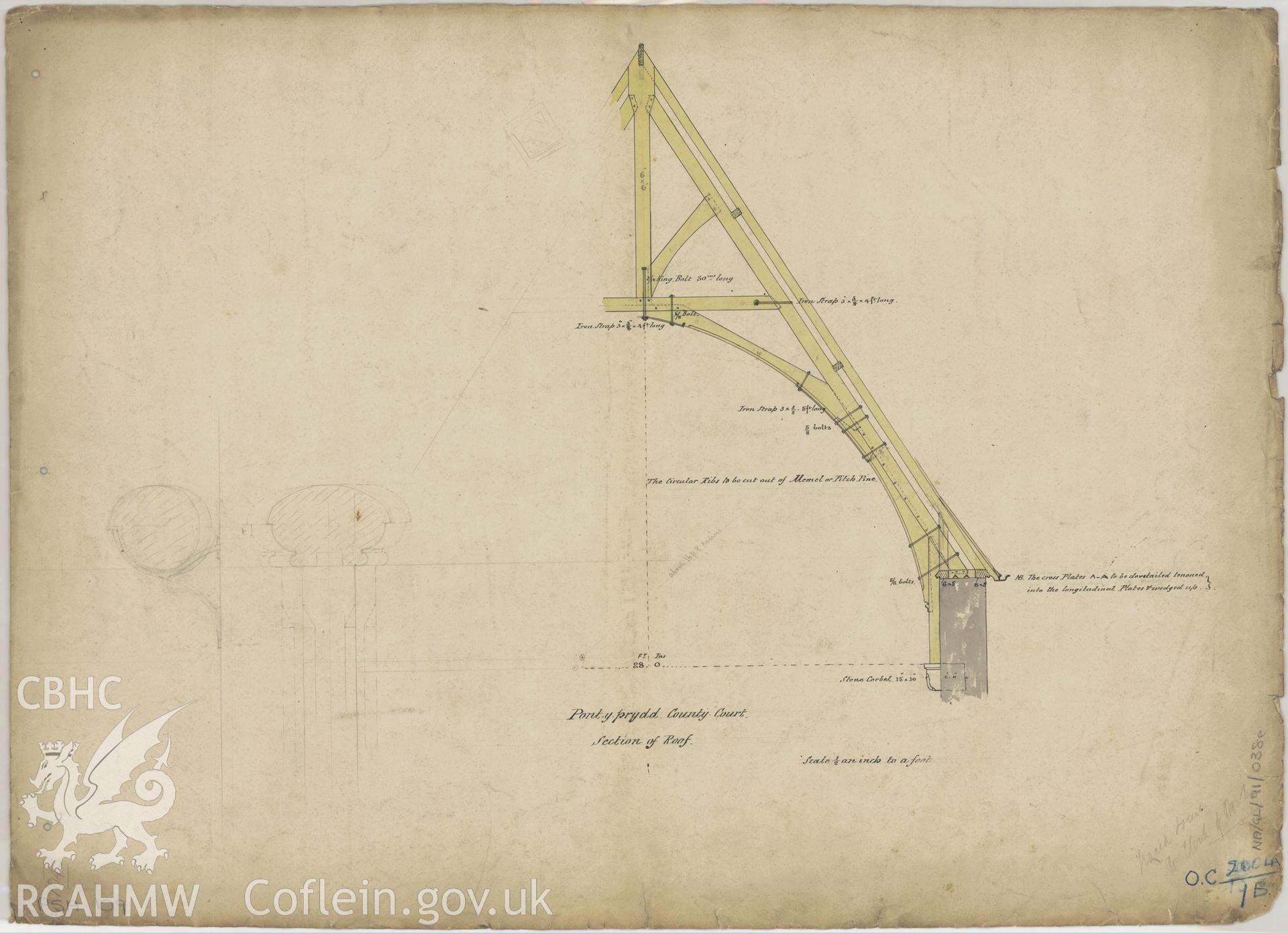 Court House, Pontypridd;  measured drawing showing section detail of roof, produced by H.M. Office of Works, undated.