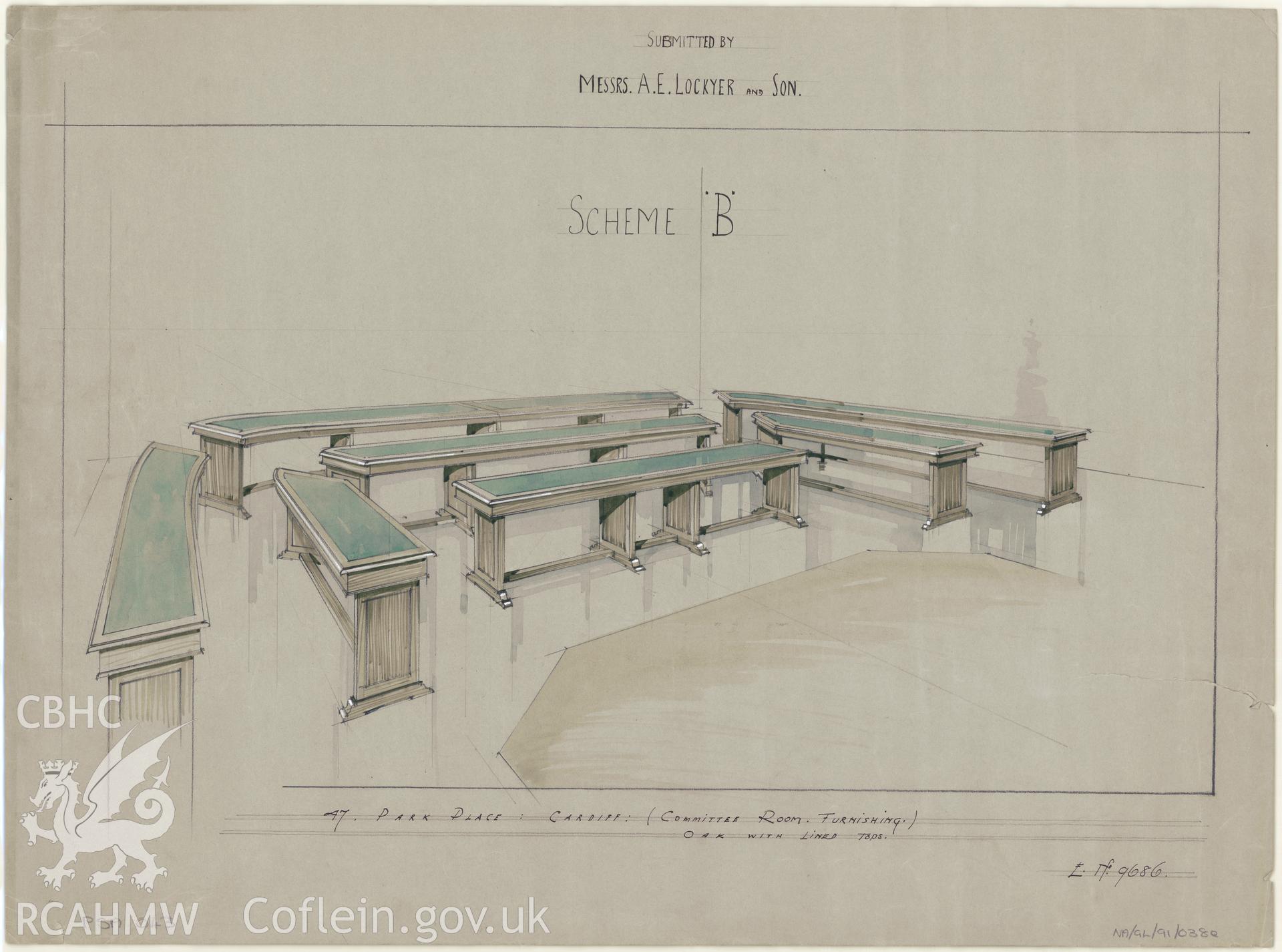 47 Park Place, Cardiff; measured drawing showing proposed furniture and fittings for the committee room,  produced by  Messrs A.E. Lockyer and Son, 1936