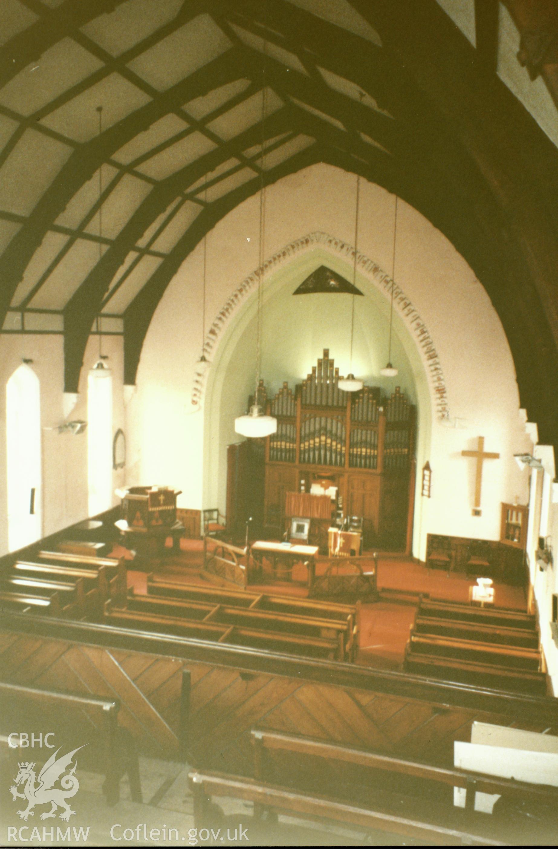 Digital copy of a colour photograph showing an interior view of the English Congregational Church, Carmarthen, taken by Robert Scourfield, undated.