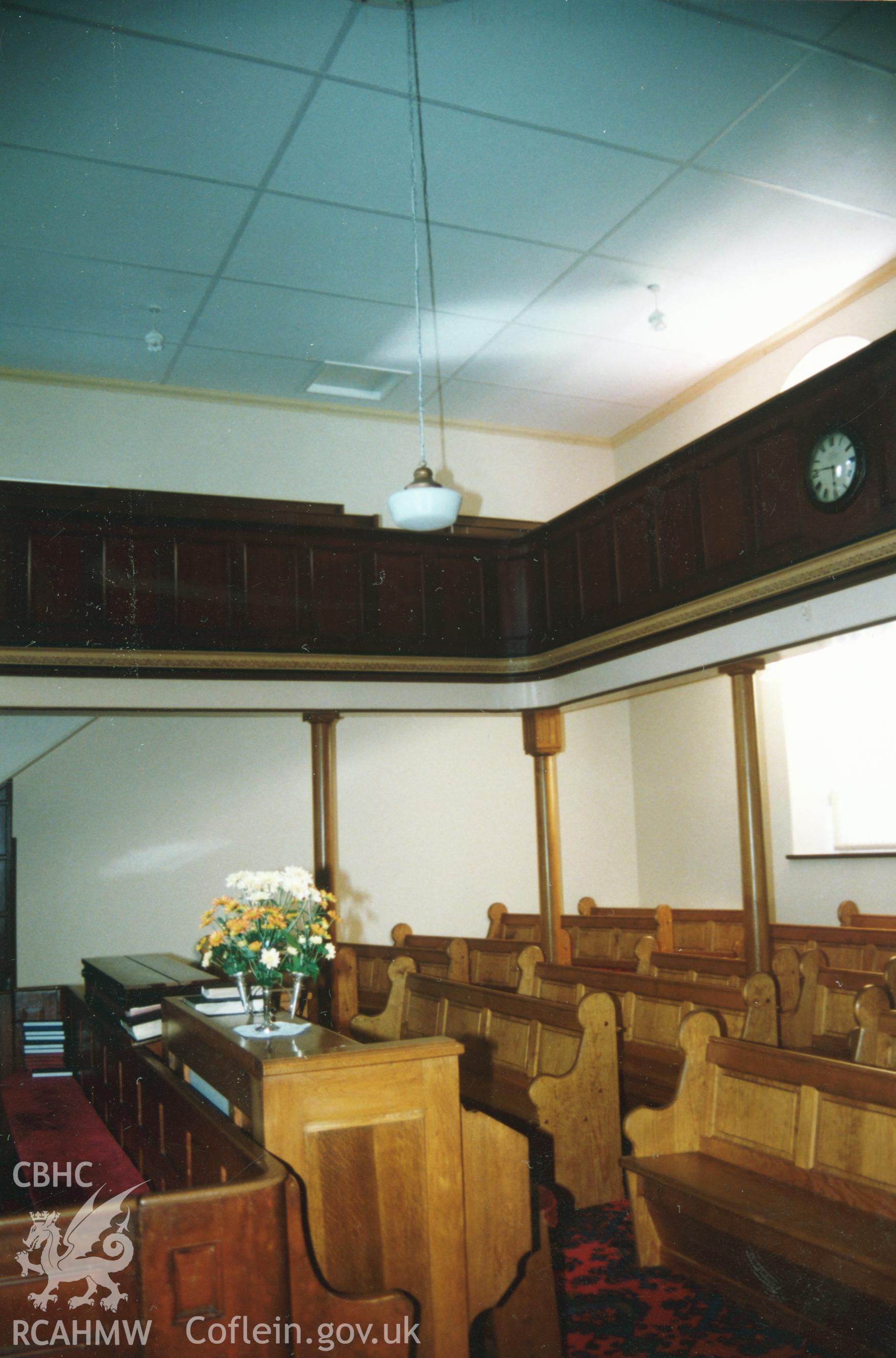 Digital copy of a colour photograph showing an interior view of Seion Welsh Independent Chapel, Cilcennin,  taken by Robert Scourfield, c.1996.