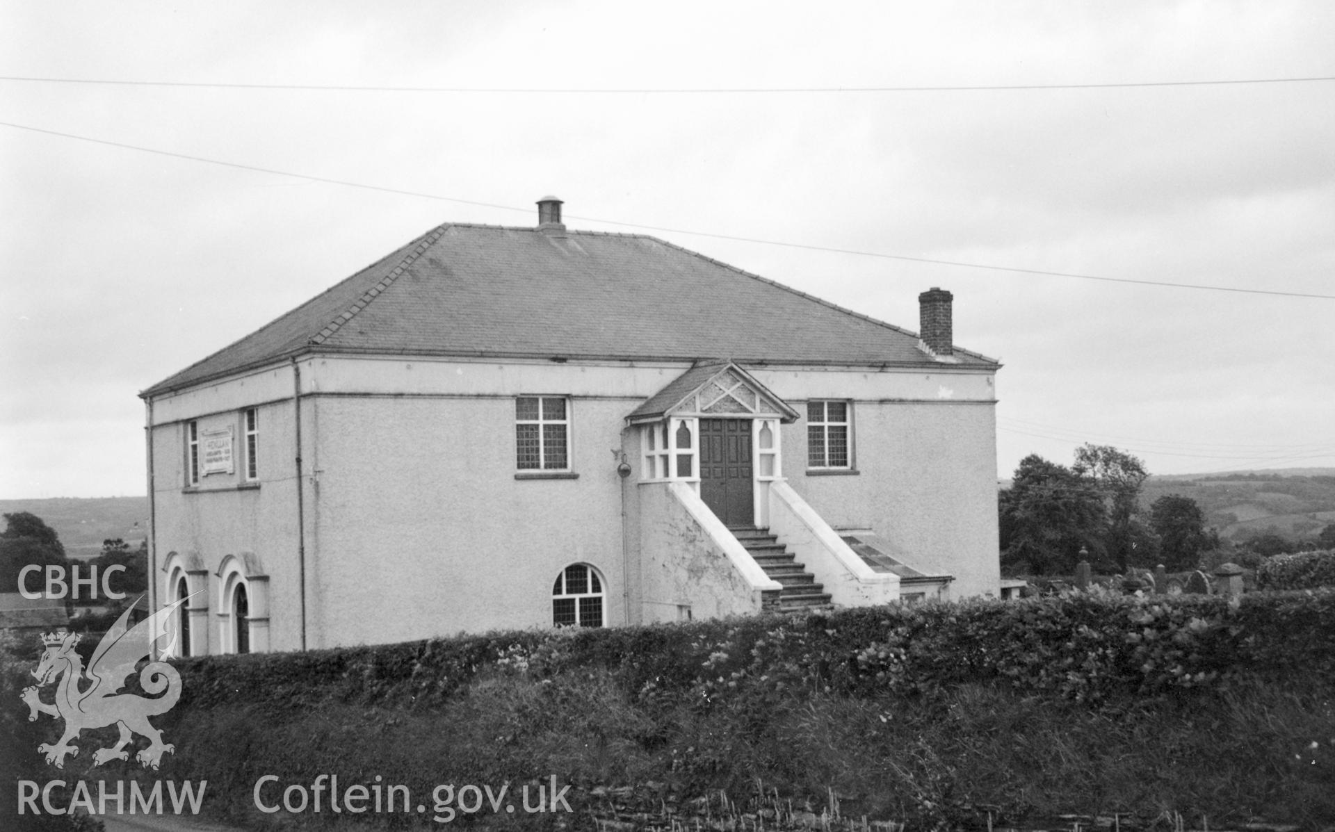 Digital copy of a black and white photograph showing an exterior view of Henllan Amgoed Congregational  Chapel,  taken by Robert Scourfield, c.1996.