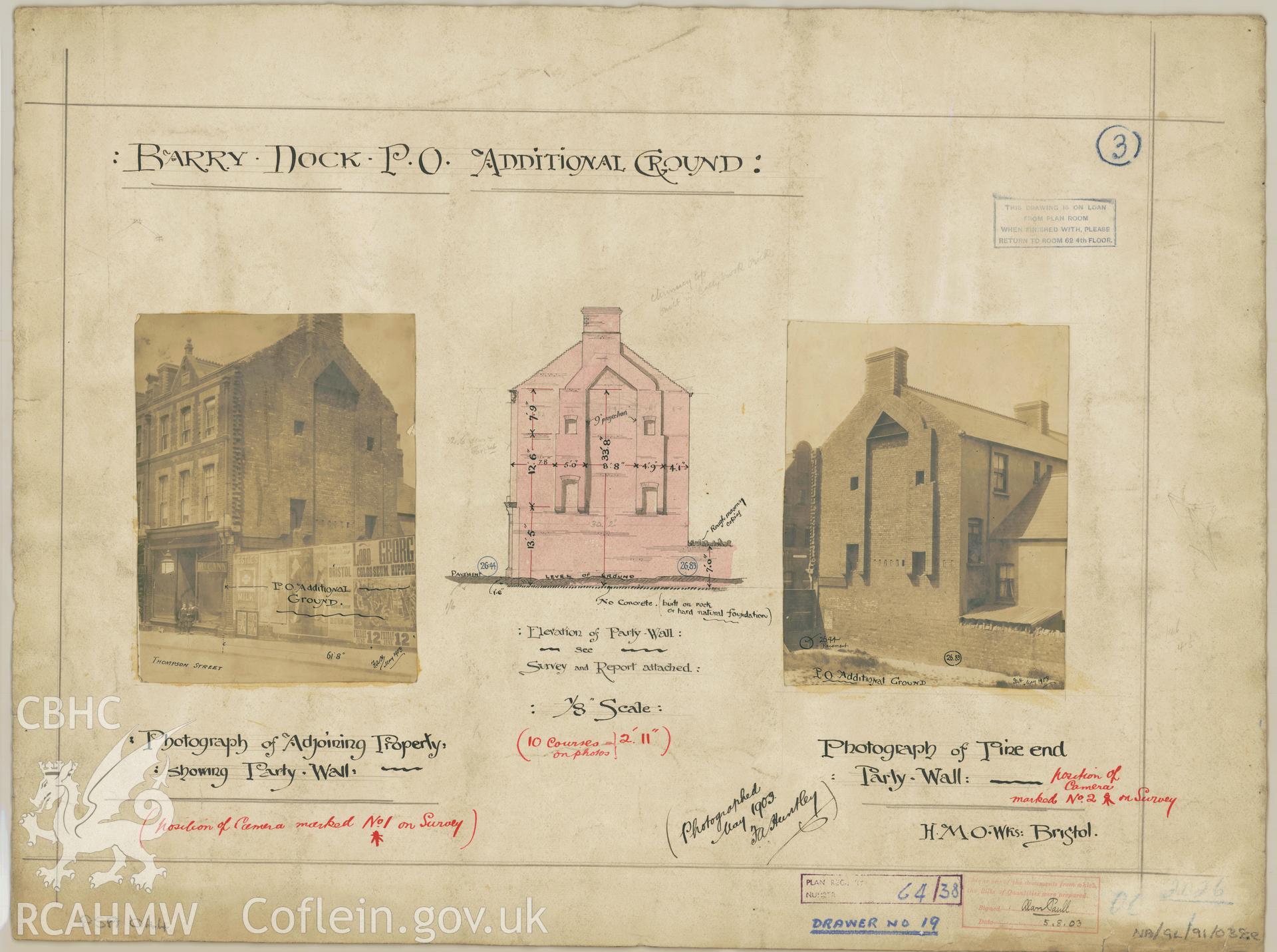 Post Office, Thompson Street, Barry Dock; two black and white photographs and measured elevation drawing showing the pine end of the adjoining property prior to the construction of the Post Office, produced by  F.A. Huntley, 1903.