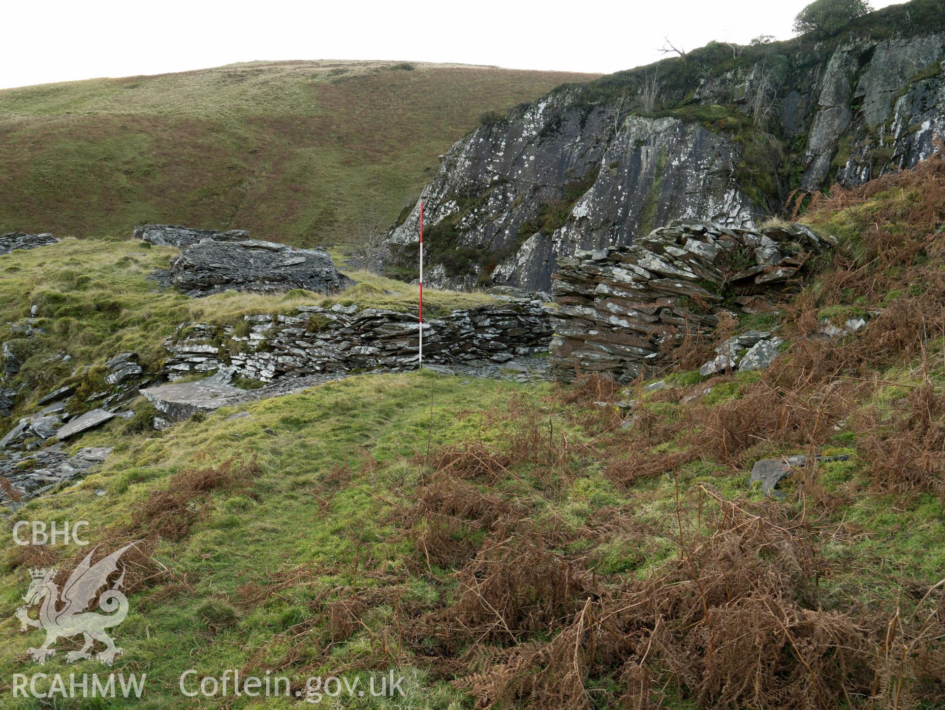 view looking S of lower section where tramway is cut through line of incline.