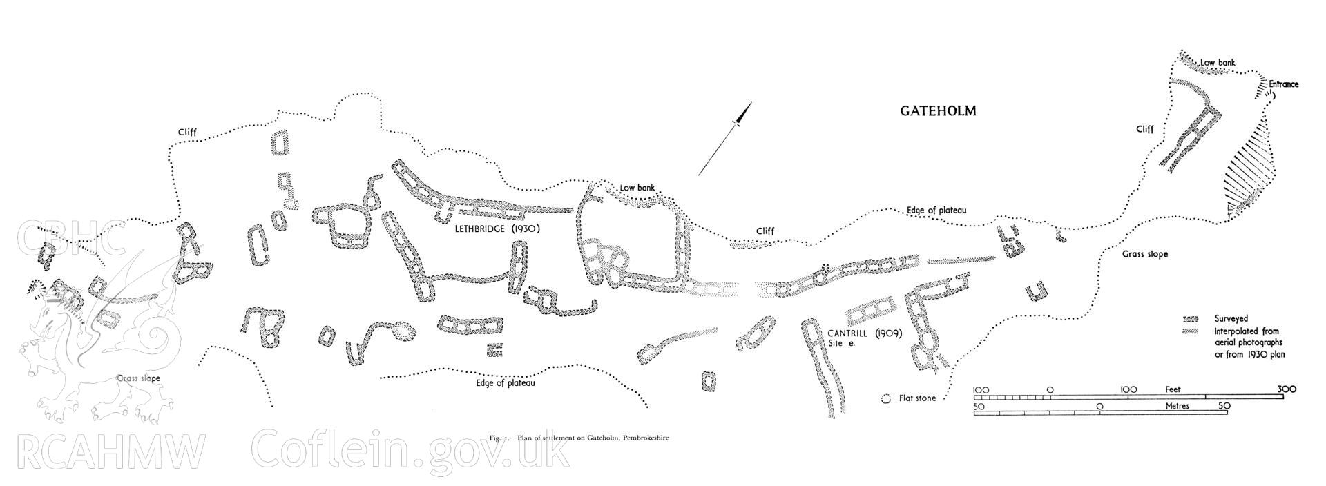 Digitized image of a measured plan of the settlement on Gateholm, Pembrokeshire as featured an article entitled  in The Hut-settlement on Gateholm, Pembrokeshire by J.L. Davies, D.B. Hague and A.H.A. Hogg, published in Archaelogia Cambrensis volume CXX (1971)
