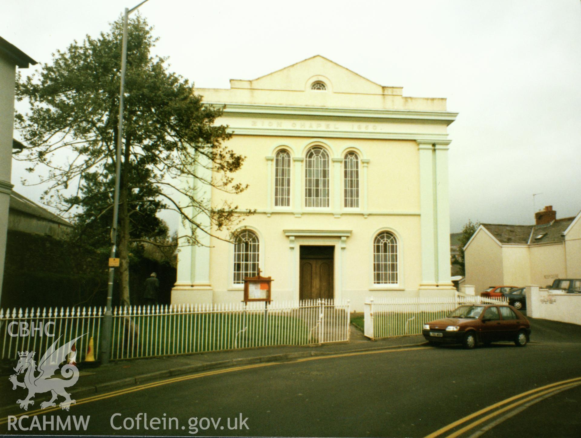 Digital copy of a colour photograph showing an exterior view of the Zion English Presbyterian Church, Carmarthen, taken by Robert Scourfield, c.1996.
