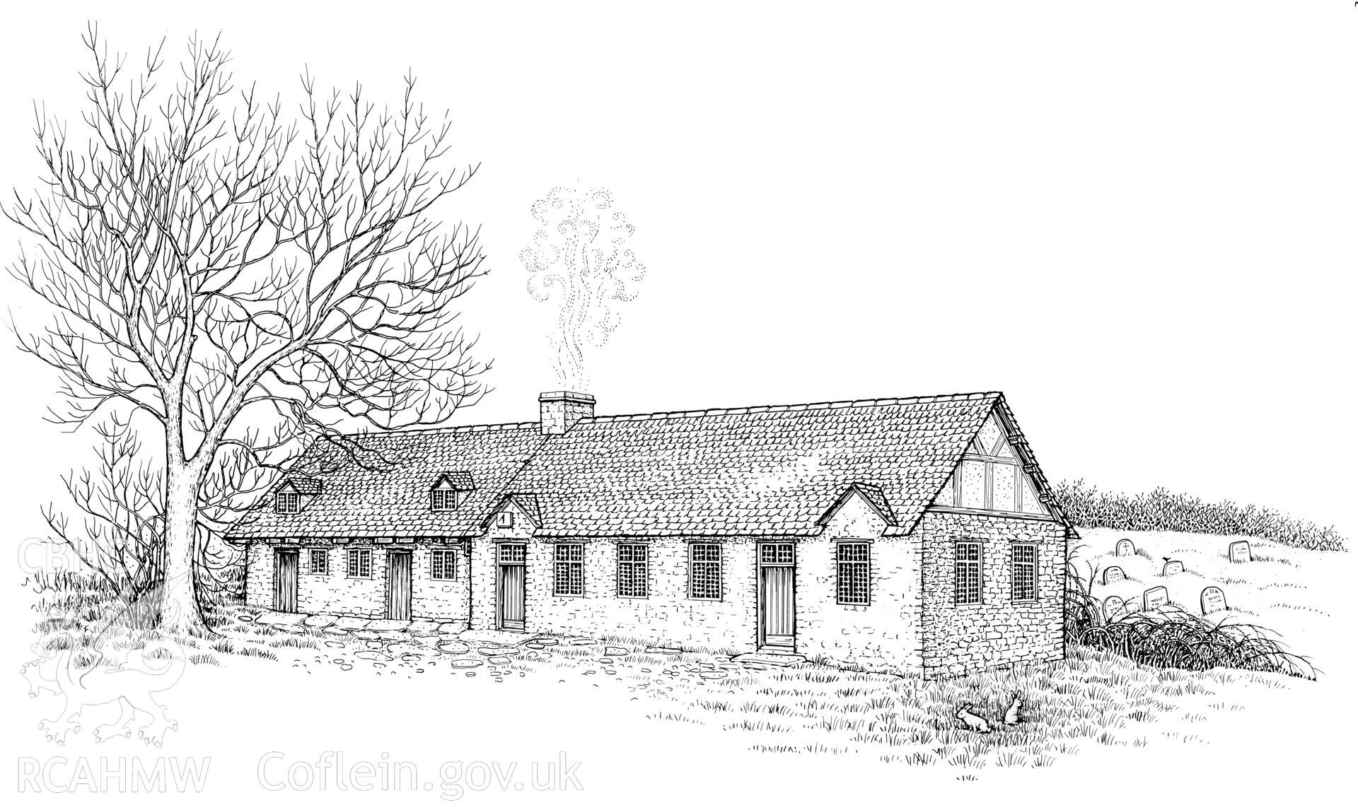Maesyronen, Glasbury;;  measured drawing showing reconstruction view of the main elevation, as published in the RCAHMW volume, Houses and History in the Marches of Wales.  Radnorshire 1400-1800,  page 213, figure 224.