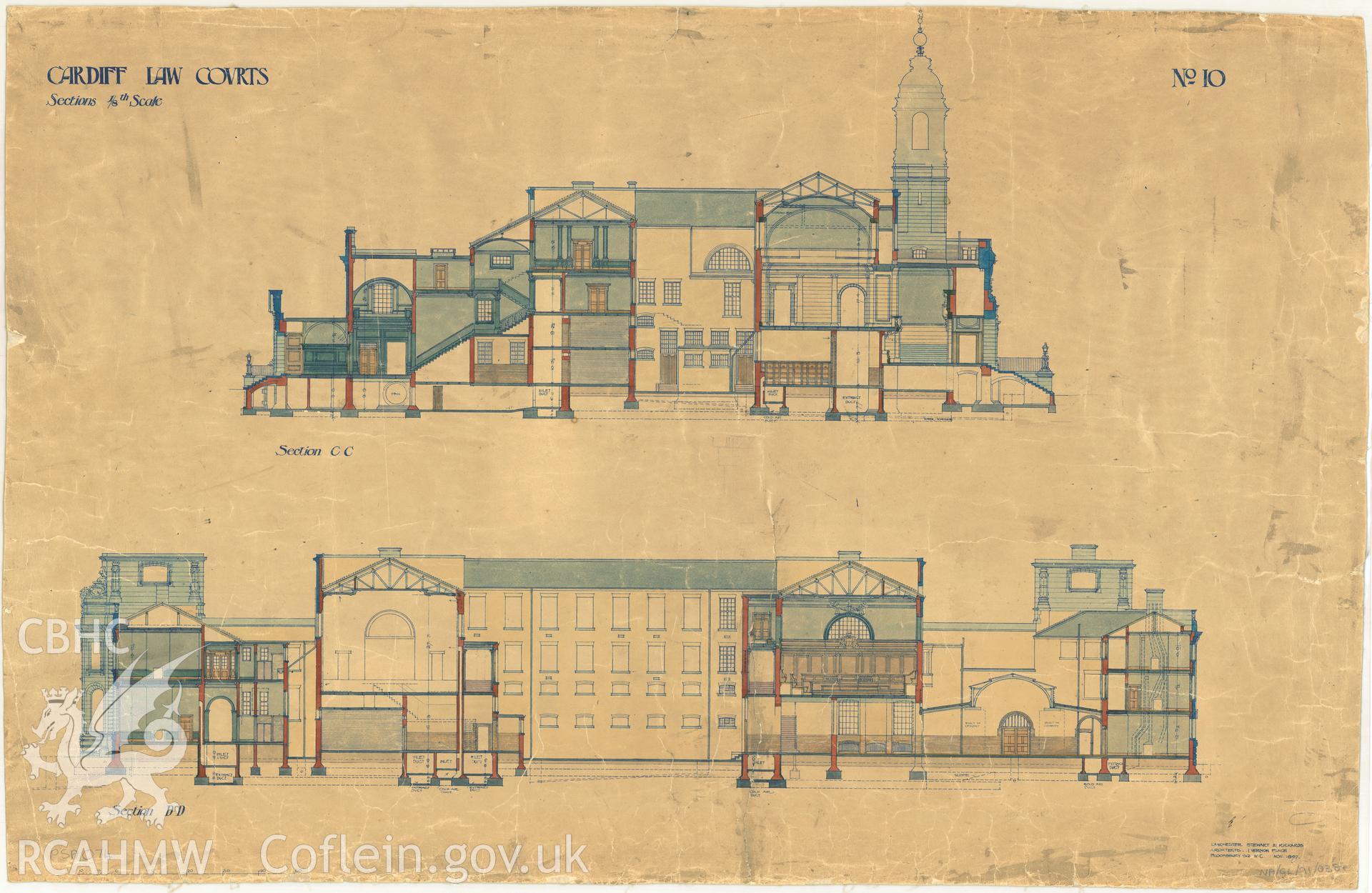 Law Court, Cathays Park, Cardiff; measured drawing showing section views, produced by Lanchester Stewart and Rickards, 1899.