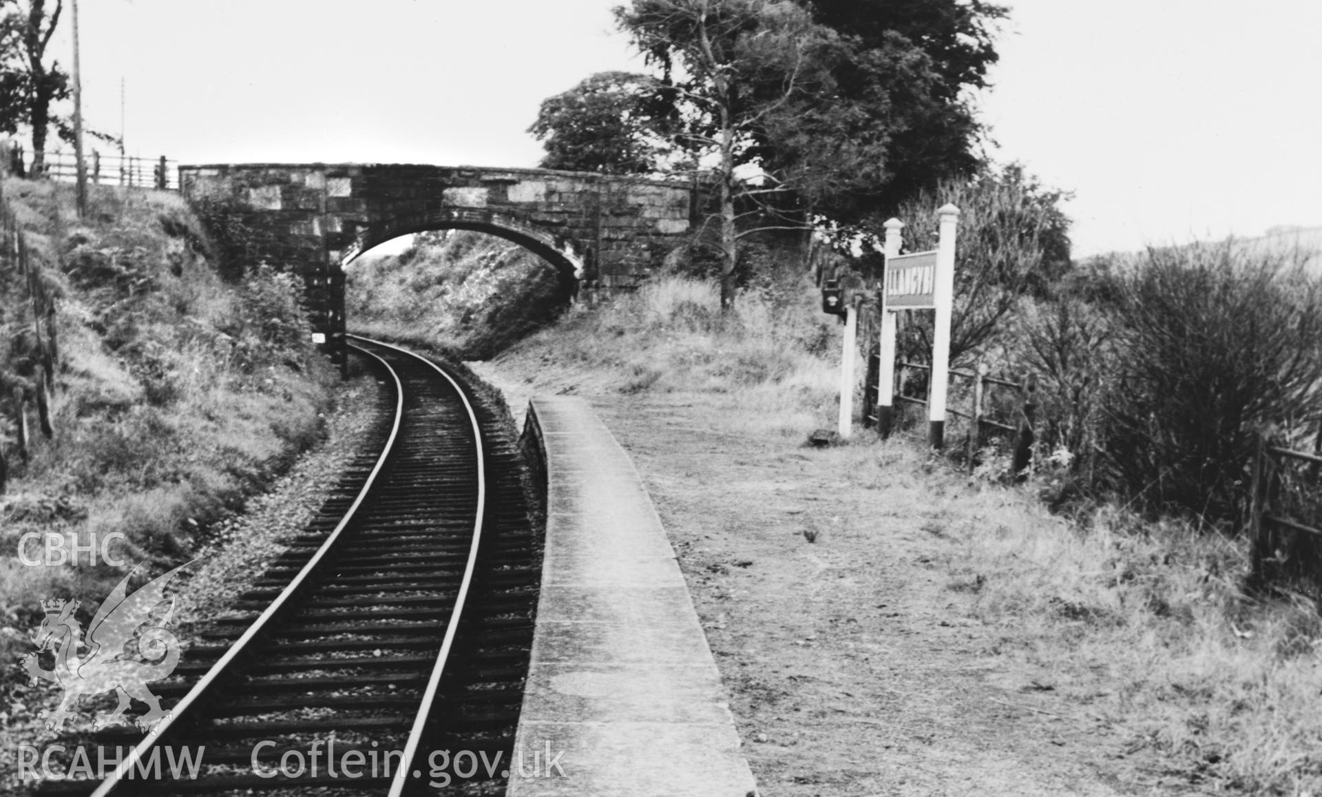 Black and white photograph, showing view of Llangybi Railway Station.