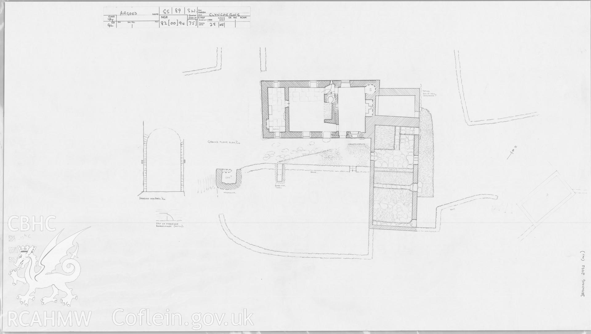 RCAHMW drawing by Harry Brooksby, showing plan and detail of Argoed, Glyncorrwg.