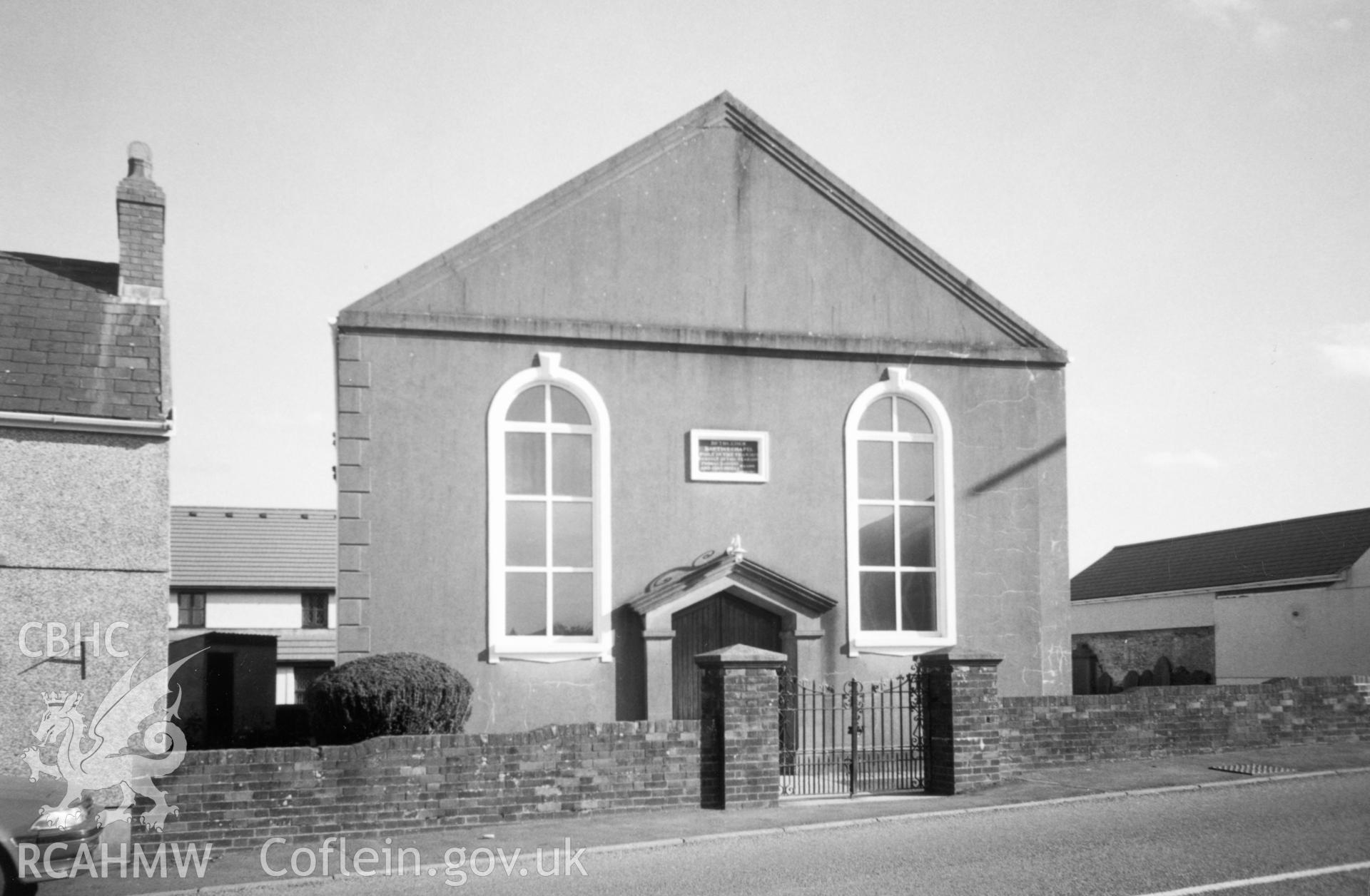 Digital copy of a black and white photograph showing an exterior view of Bethlehem Baptist Chapel, Porthyrhyd, taken by Robert Scourfield, c.1996.
