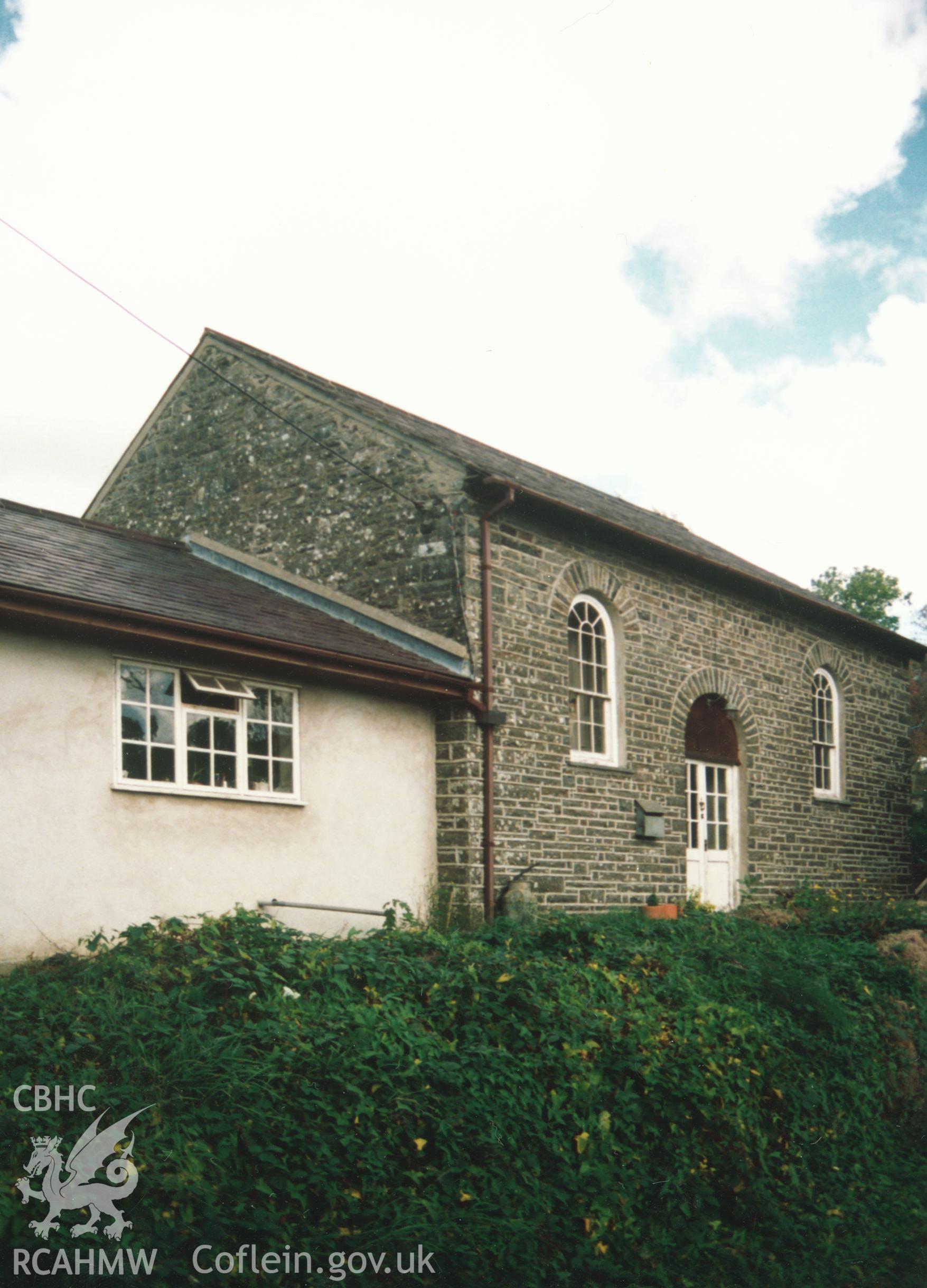 Digital copy of a colour photograph showing an exterior view of Ebenezer Wesleyan Methodist Chapel, Cilcennin, taken by Robert Scourfield, c.1996.