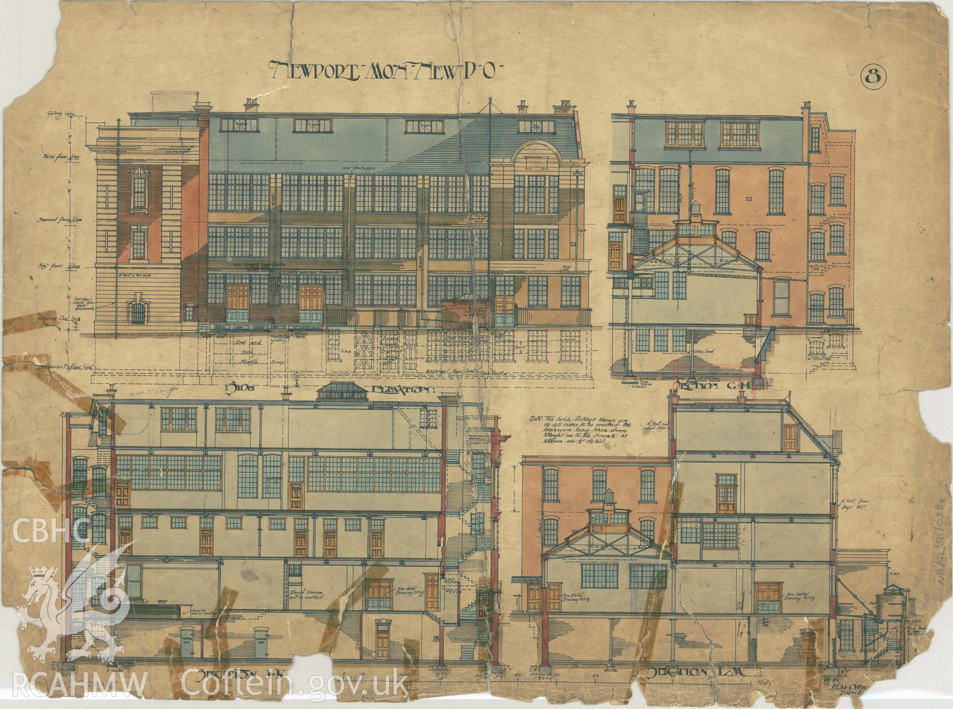 Head Post Office, High Street, Newport;  measured drawing showing section views, produced by H.M. Office of Works, c.1905