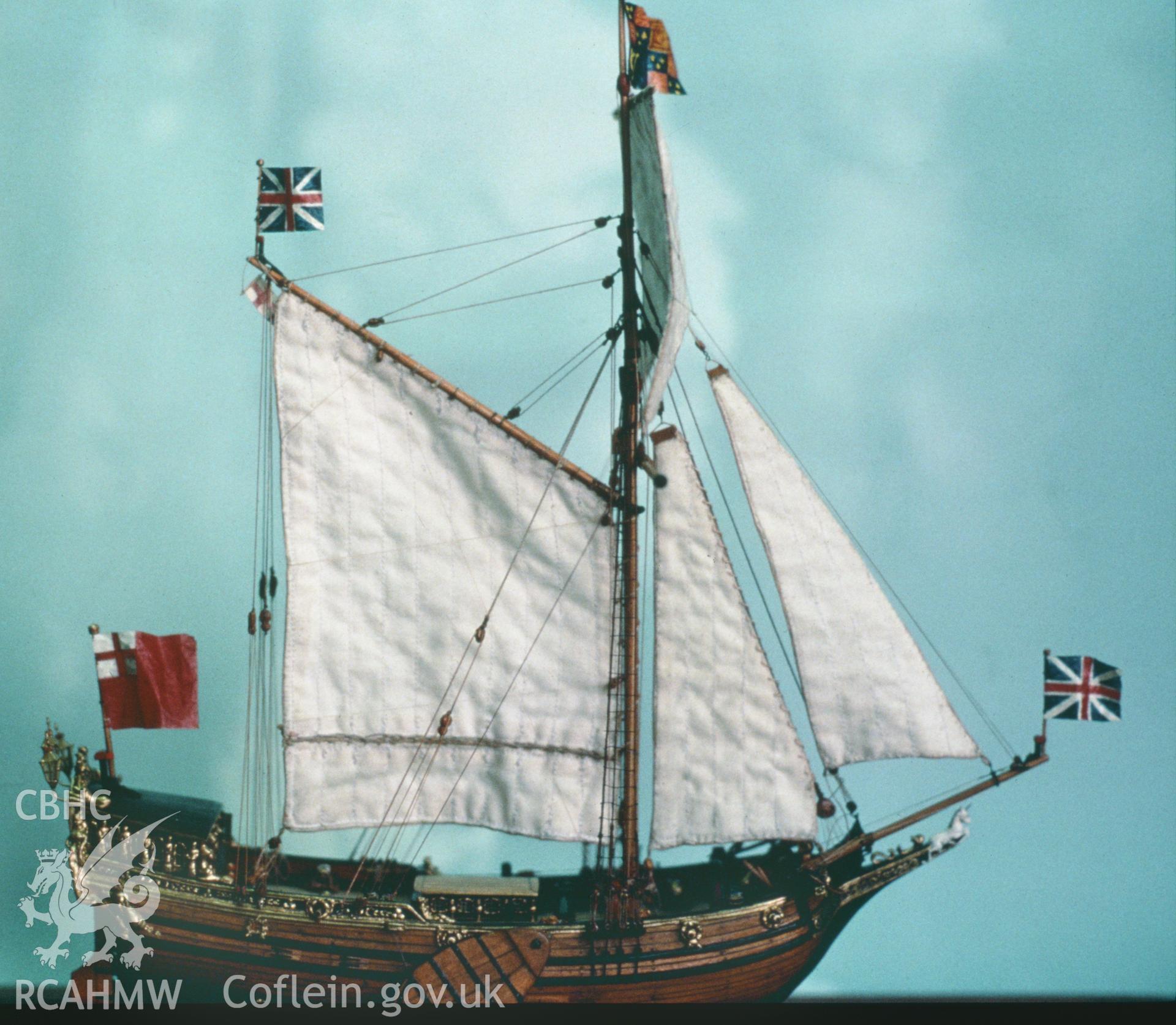 Colour slide of a model of the Royal Yacht Mary, from a survey of the Mary designated shipwreck, courtesy of National Museums, Liverpool (Merseyside Maritime Museum)