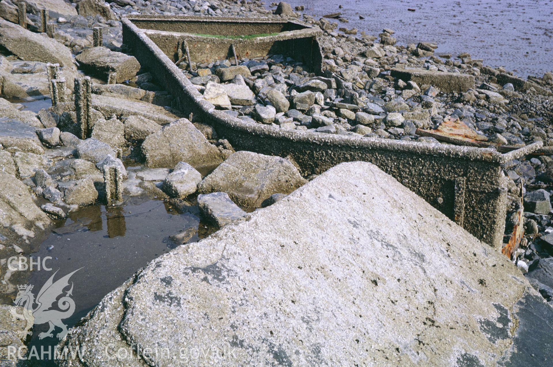 35mm colour slide showing canal 'tub' boats at Burry Port Outer Harbour, Carmarthenshire by Dylan Roberts.