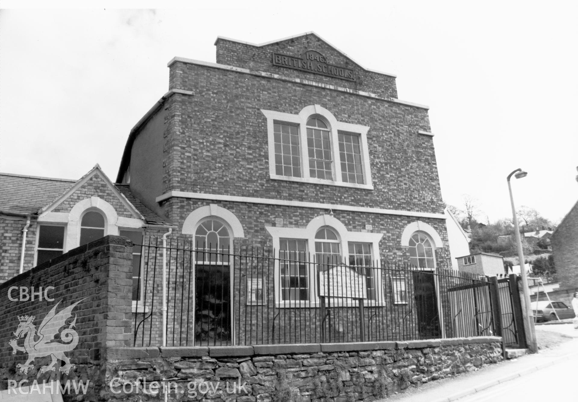 Large black and white photograph showing exterior view of the former British School, Llangollen, produced by Malcolm Seaborne, May 1989.