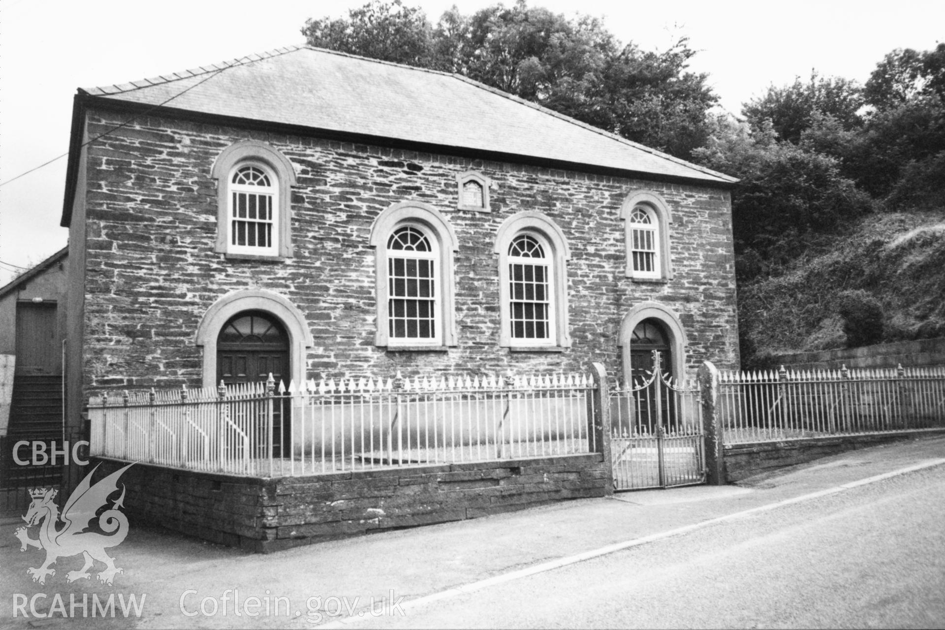Digital copy of a black and white photograph showing an exterior view of Capel y Graig Welsh Calvinistic Methodist Chapel, Cwmbach, taken by Robert Scourfield, 1996.