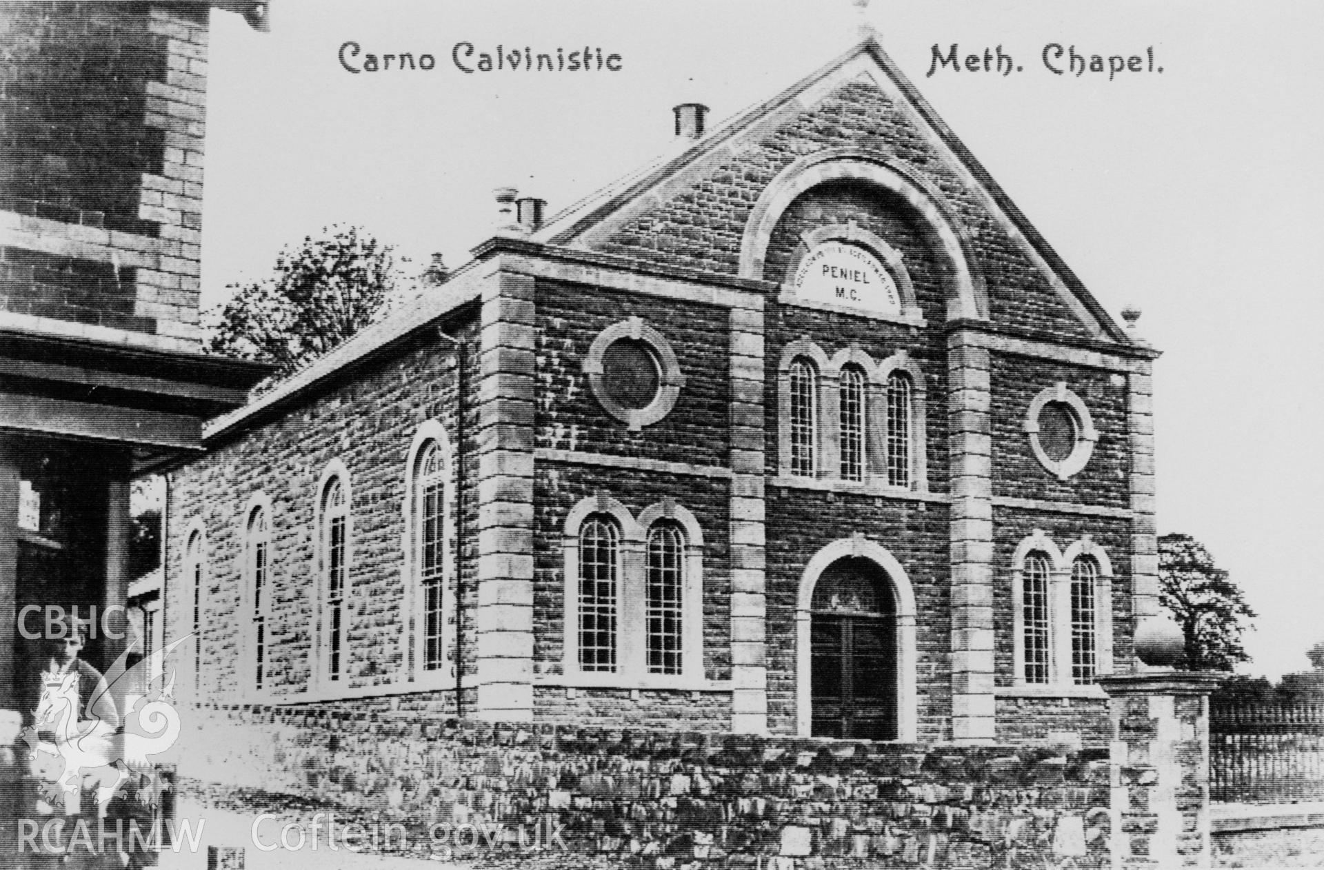 Peniel Chapel, Carno;  B&W print copied from an undated postcard loaned for copying by Dilys Glover, 21 Greenside, Mold. Copy negative held.