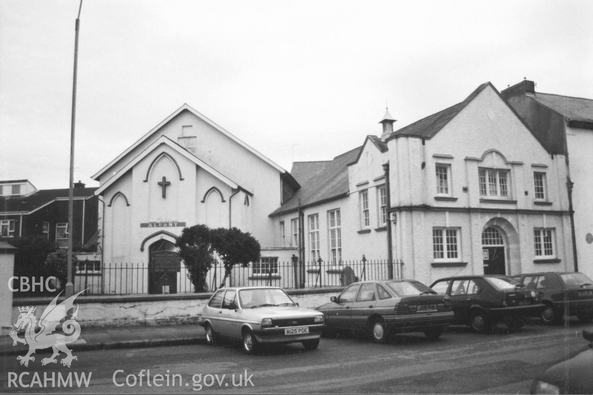 Digital copy of a black and white photograph showing an exterior view of Albany Congregational Chapel, Haverfordwest taken by Robert Scourfield, 1996.