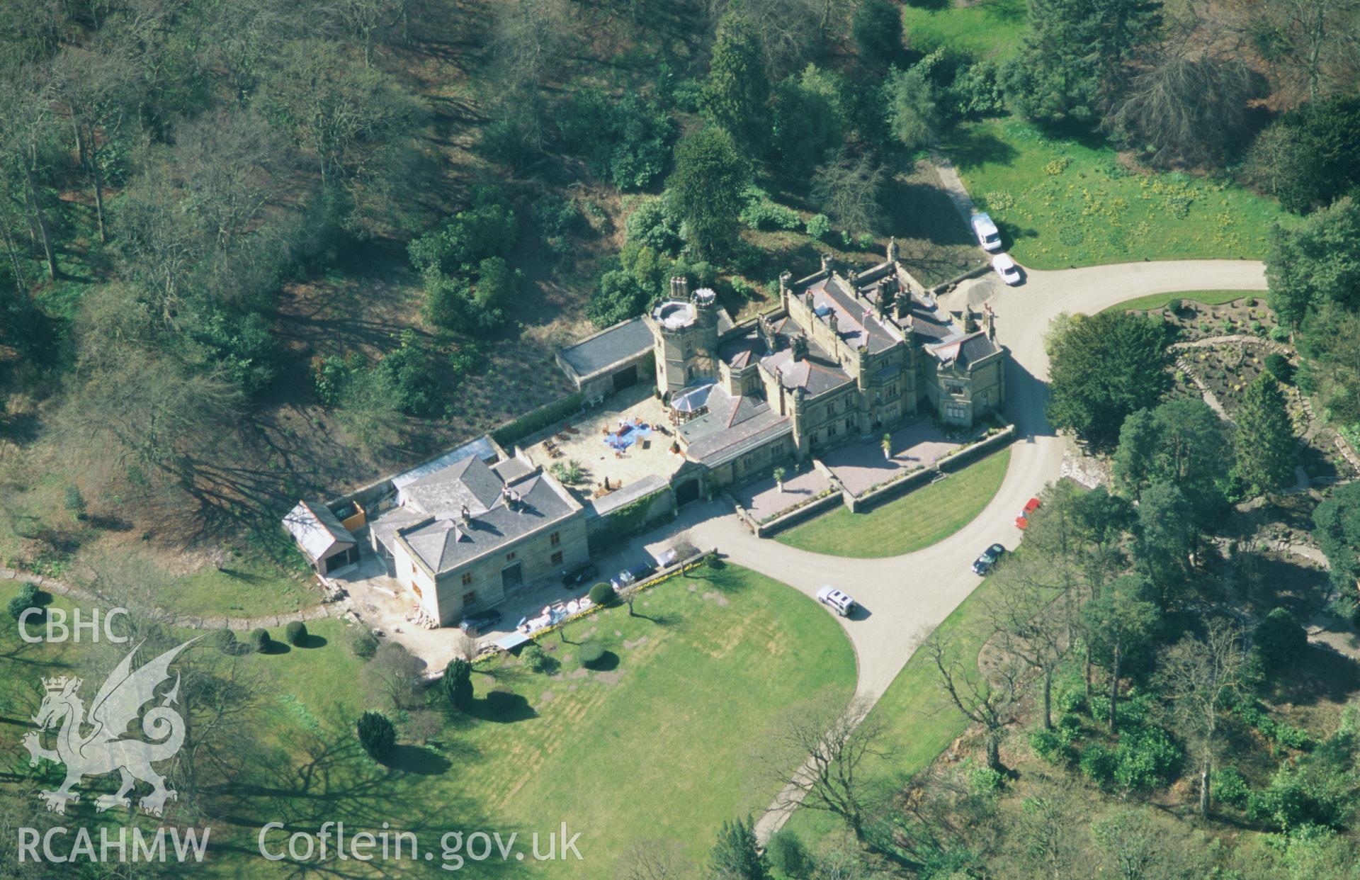 RCAHMW colour oblique aerial photograph of Halkyn Castle, house and gardens. Taken by Toby Driver on 08/04/2003
