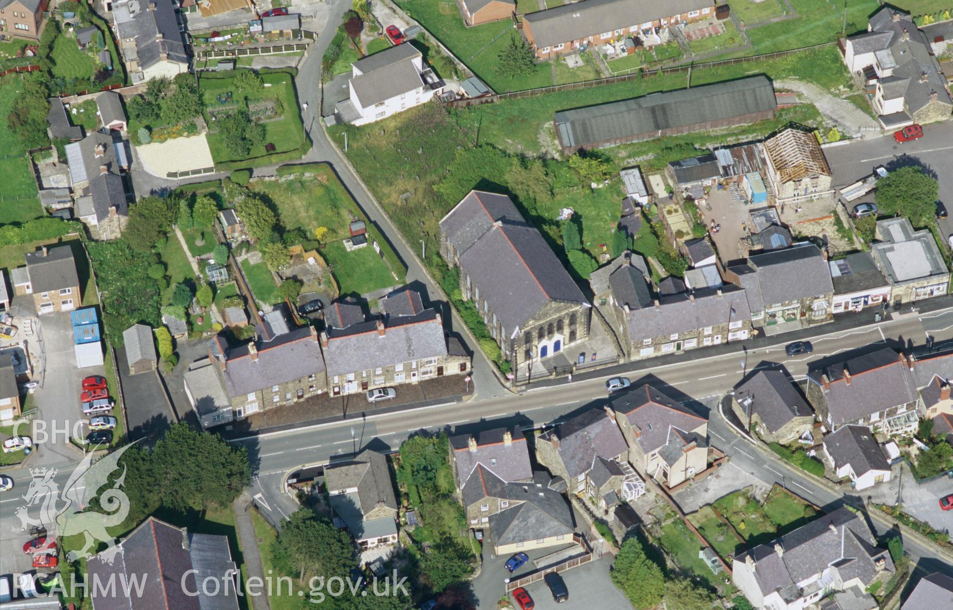 Slide of RCAHMW colour oblique aerial photograph of Salem Chapel, Coedpoeth, taken by Toby Driver, 2004.