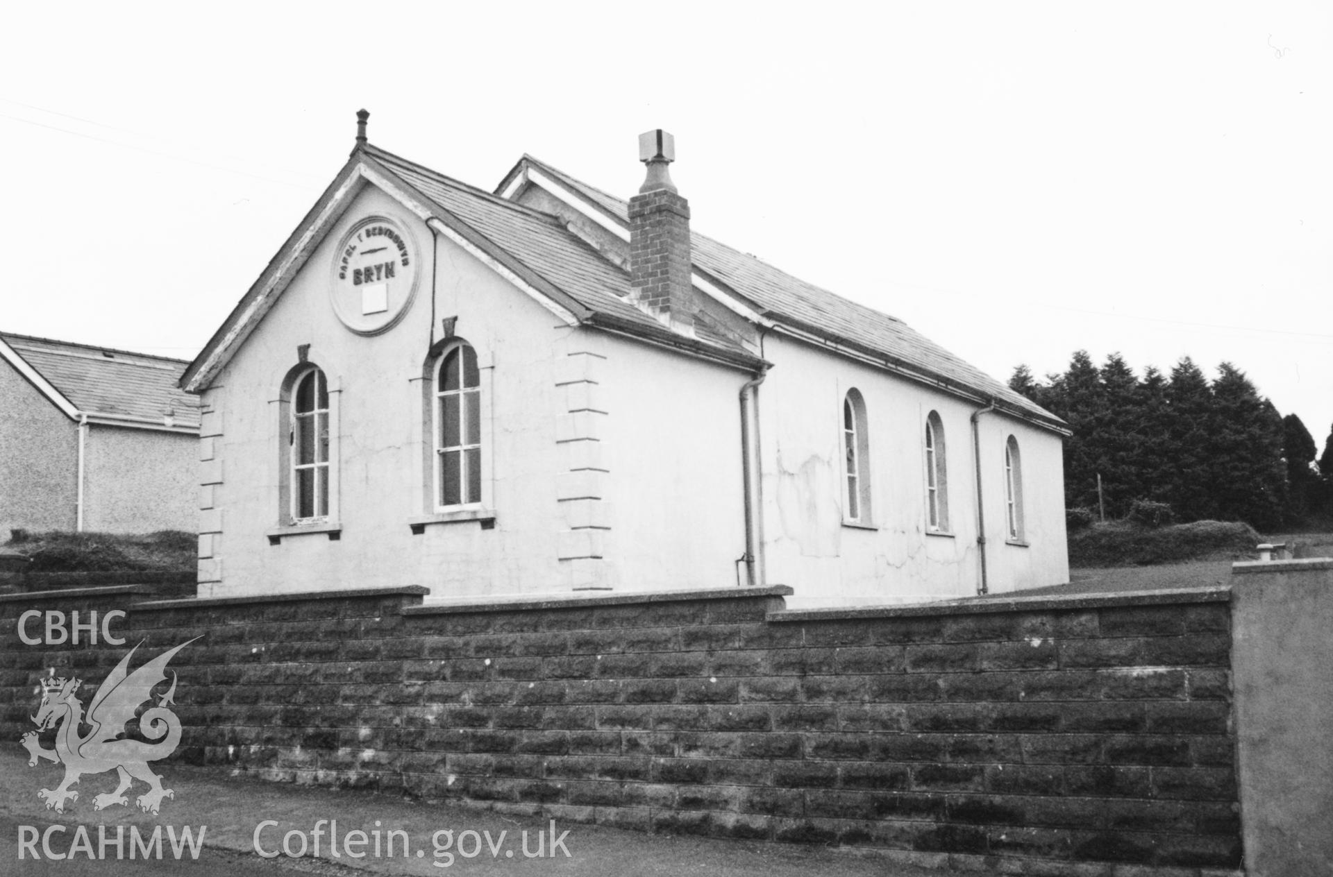 Digital copy of a black and white photograph showing an exterior view of Bryn Welsh Baptist Chapel, Llangynin, taken by Robert Scourfield, 1996.