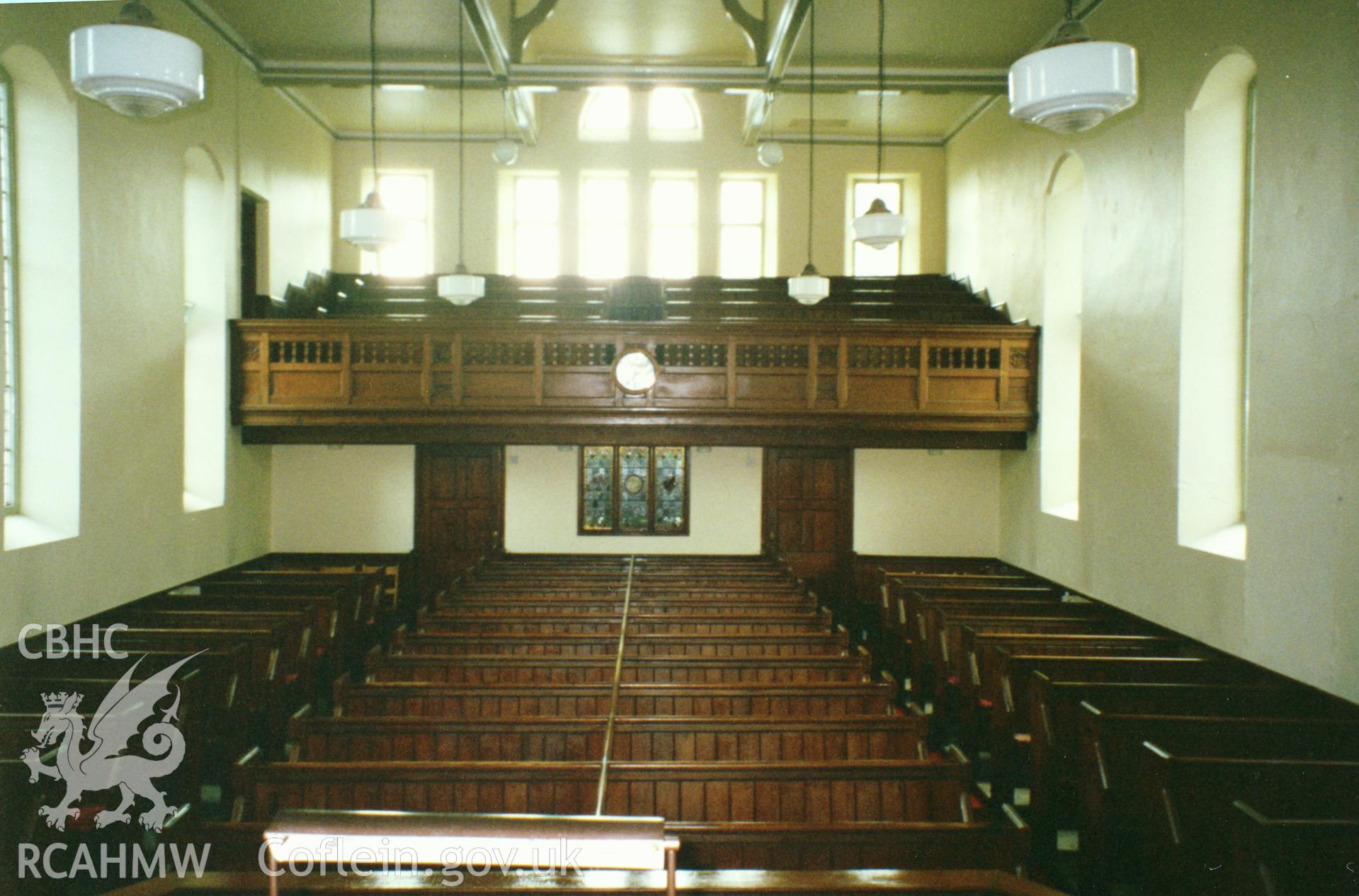 Digital copy of a colour photograph showing an interior view of Bethania Welsh Calvinistic Methodist Chapel, Priory Street, Carmarthen, taken by Robert Scourfield, 1996.