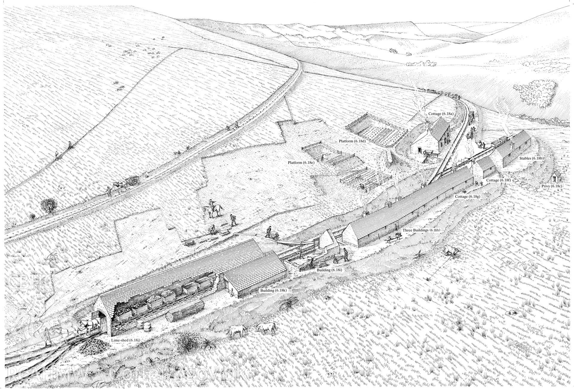 Finished ink-line reconstruction drawing of Grawen depot, Cray. Fig 145, "The Brecon Forest Tramroads", S.R. Hughes, 1990.