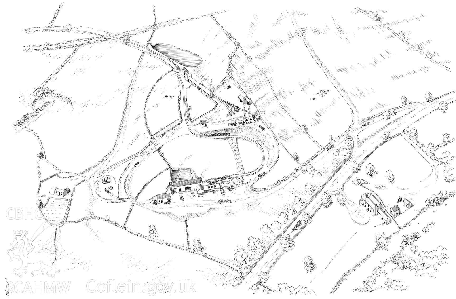Finished ink-line reconstruction drawing of the Sennybridge depot c.1830s, Fig 158, "The Brecon Forest Tramroads", S.R. Hughes, 1990.

Also annotated drawing, labelling important features.