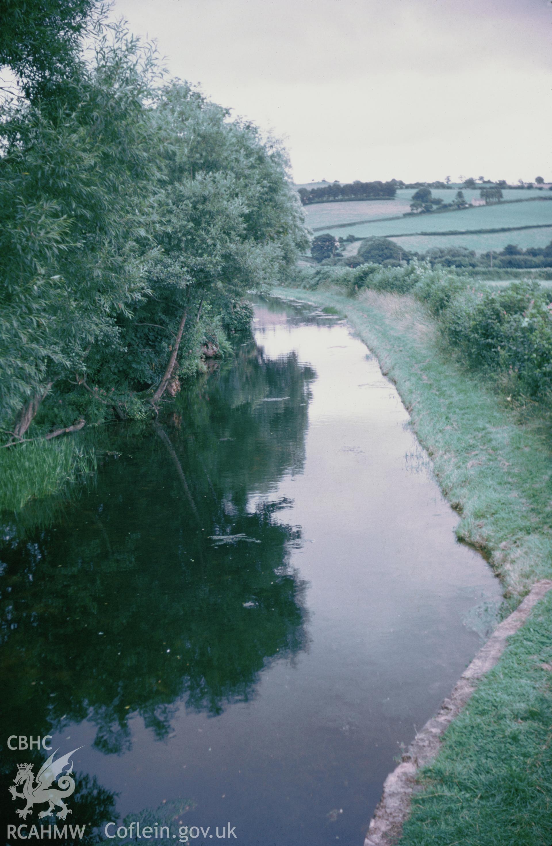 Colour 35mm slide of Brecon Abergavenny Canal, looking east from Storehouse Bridge, Llanfrynach, by Dylan Roberts.